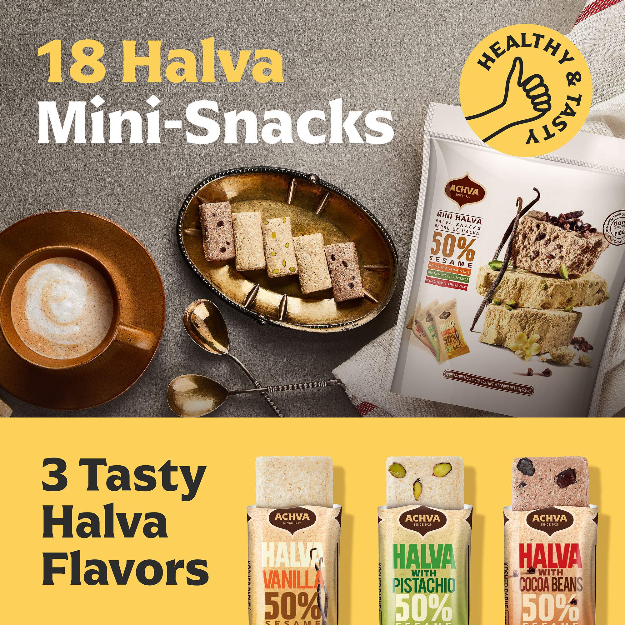 Halva Tahini Bar Mini Snacks - Assortment of 18 Snack-Sized Halvah Pistachio, Vanilla, and Cocoa Bean Israeli Snacks - Vegan, Kosher Snacks with No