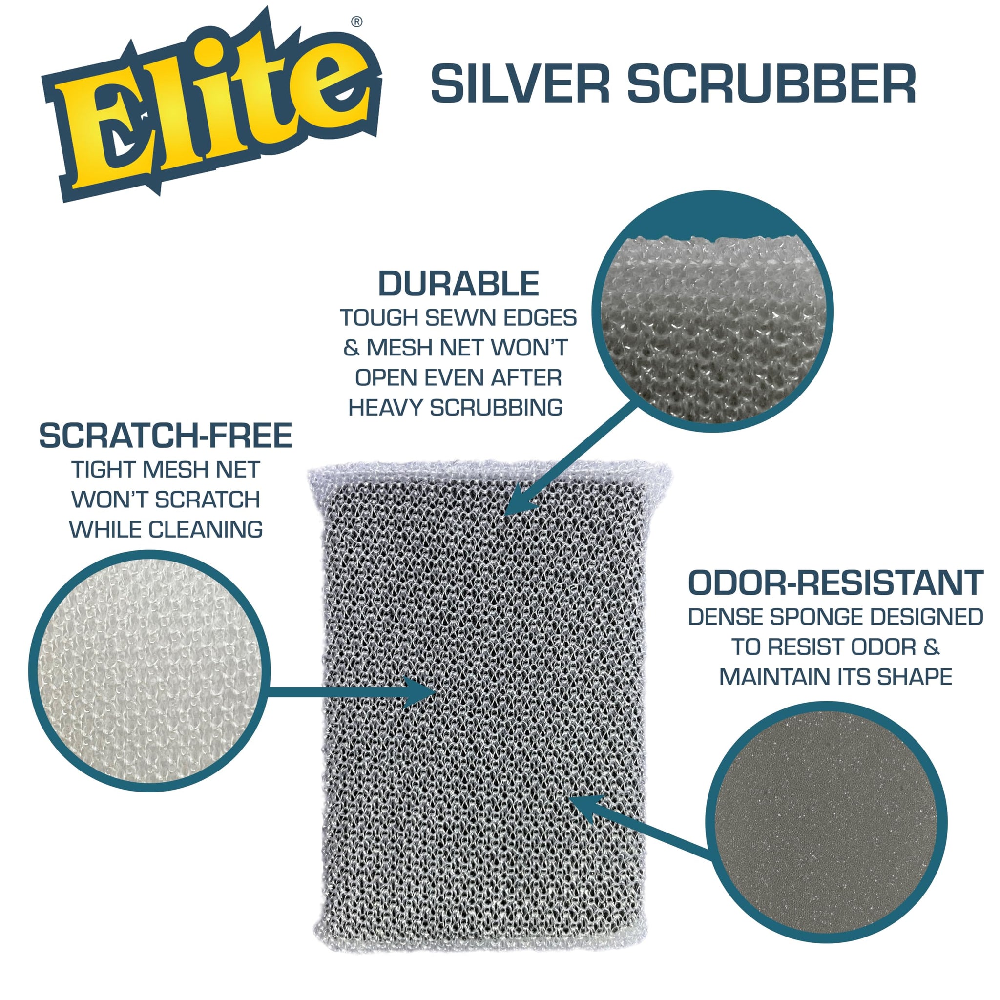 Elite Silver Scrubber Sponge, 6 Pack, Non Scratch, Sponges for Kitchen and Household Use, Made in USA (Regular)