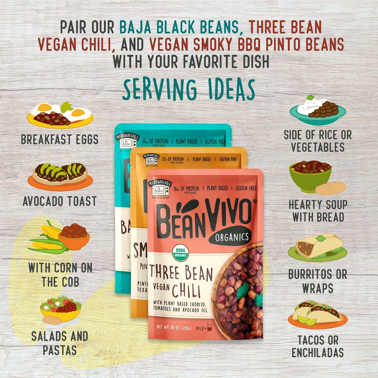 BeanVIVO - Variety 12 Pack (10 oz each) - Organic Baja Black Beans, Three Bean Vegan Chili, BBQ Pinto Beans - Seasoned & Ready to Eat, Plant Protein