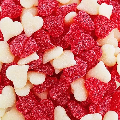 Sugar Dusted Sweet Cherry Candy Hearts - Red and White Jelly Hearts - Cherry and Strawberry Banana Fun Shape Vibrant Gummy Valentine Heart Candy