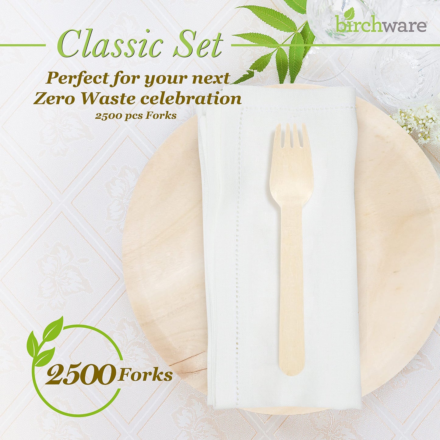 Birchware Classic Forks 6.5" - (2500 Count) Compostable Wooden Forks, Biodegradable Party Supplies, Sturdy, Heat Tolerant and Eco-Friendly.