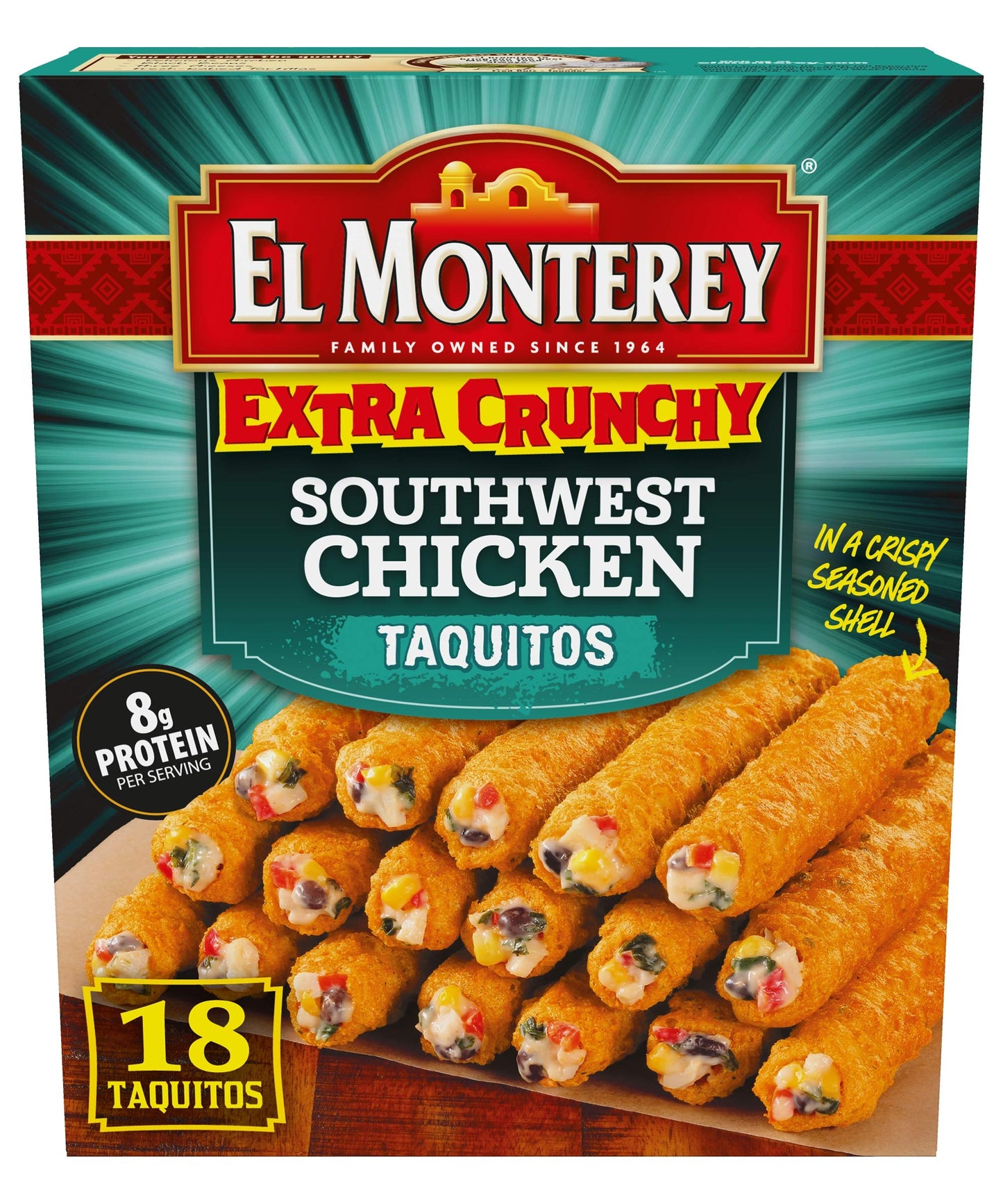El Monterey Southwest Chicken Extra Crunchy Taquitos Frozen Box, 18 Count