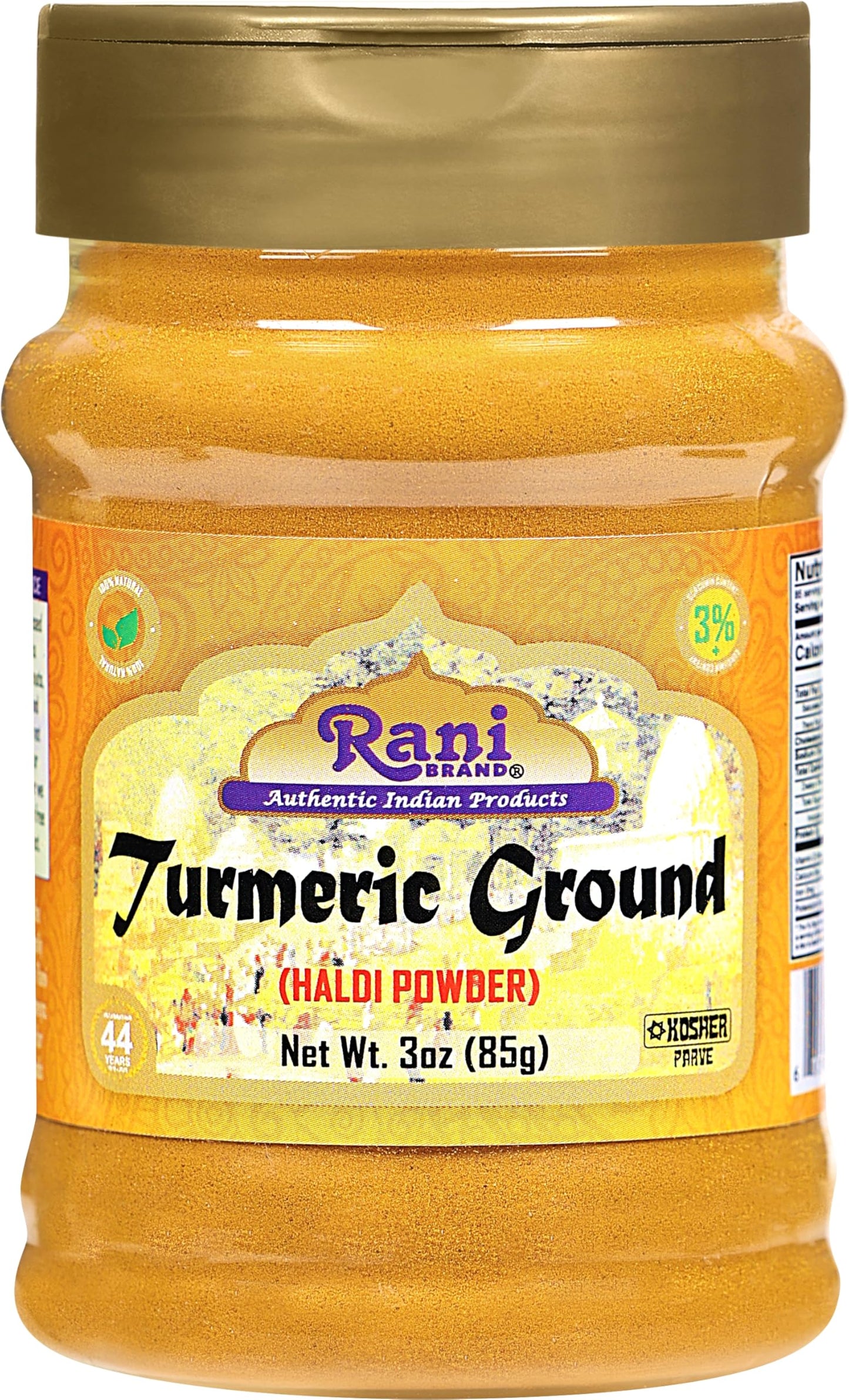 Rani Turmeric (Haldi) Root Powder Spice, (High Curcumin Content) 3oz (85g) PET Jar ~ All Natural | 100% Pure, Salt Free | Vegan | Gluten Friendly |