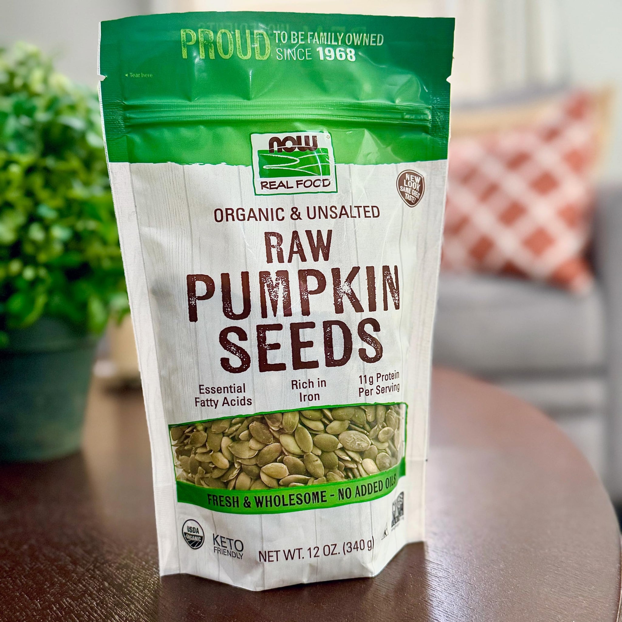 NOW Foods, Organic Pumpkin Seeds, Raw and Unsalted, Excellent Source of Protein and Iron, Certified Non-GMO, Keto-Friendly Snack, 12-Ounce (Packaging