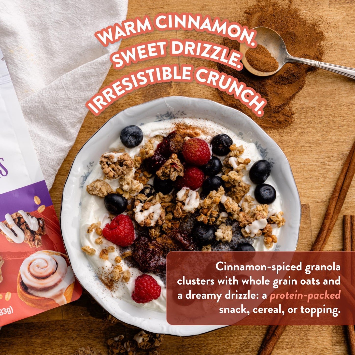 Oatsome Protein Cinnamon Roll Clusters, 10g Plant-Based Protein, Gluten Free, Made with Cinnamon & Whole Grain Oats, for Snack Breakfast Yogurt, 10 Oz