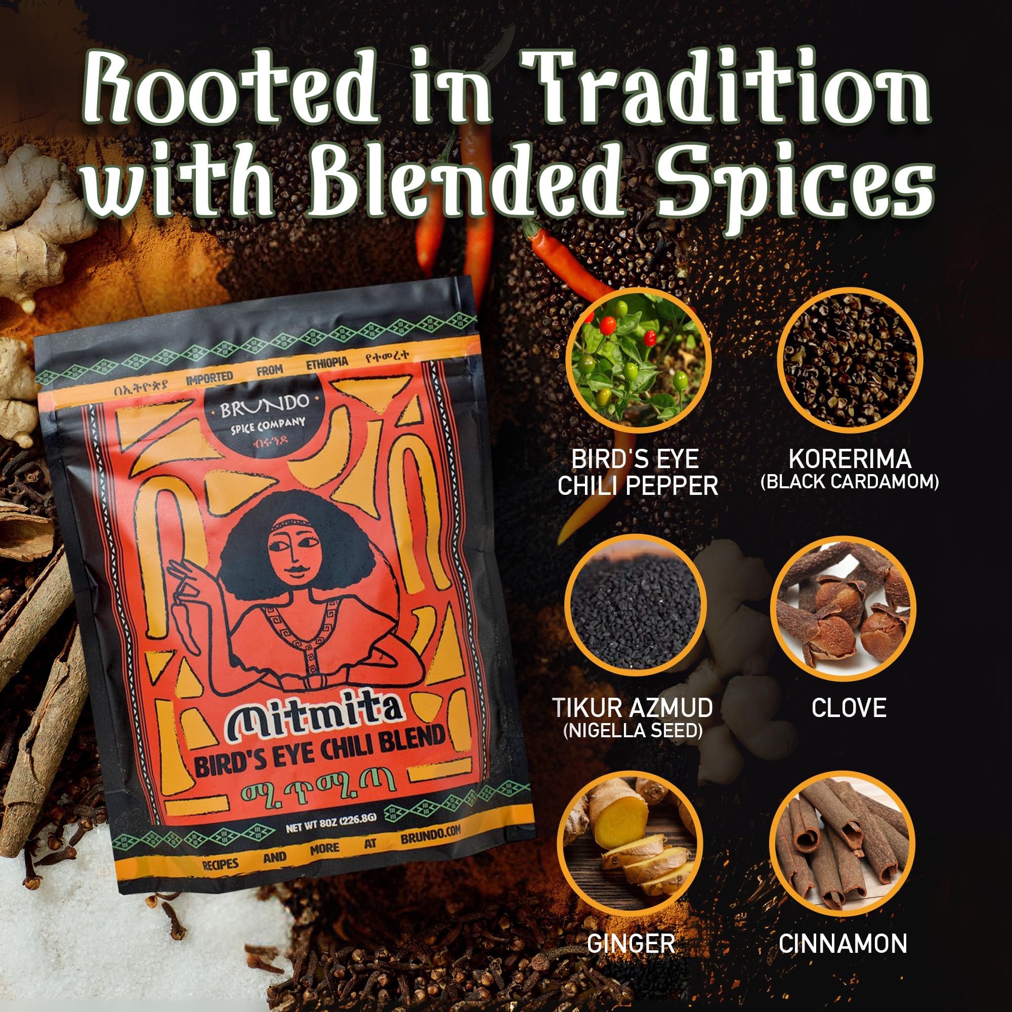 Brundo Ethiopian Spice Company Mitmita | Imported Authentic Ethiopian Spice Blend With Bird's Eye Chili Pepper (8 oz) | Processed in and Imported from