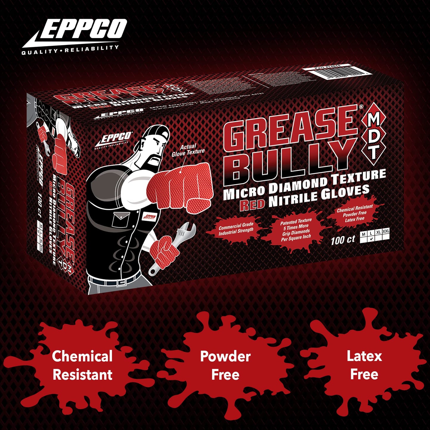EPPCO Grease Bully Red 7-Mil Diamond Textured Nitrile Gloves - Powder & Latex Free - 10 Boxes Per Case
