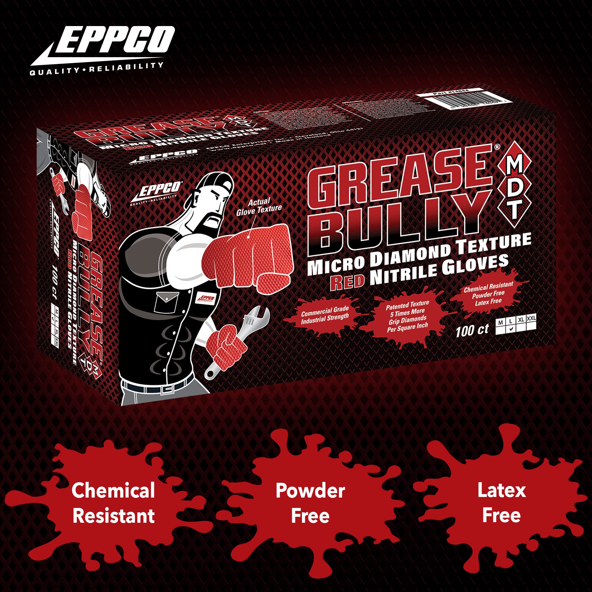 EPPCO Grease Bully Red 7-Mil Diamond Textured Nitrile Gloves - Powder & Latex Free - 10 Boxes Per Case