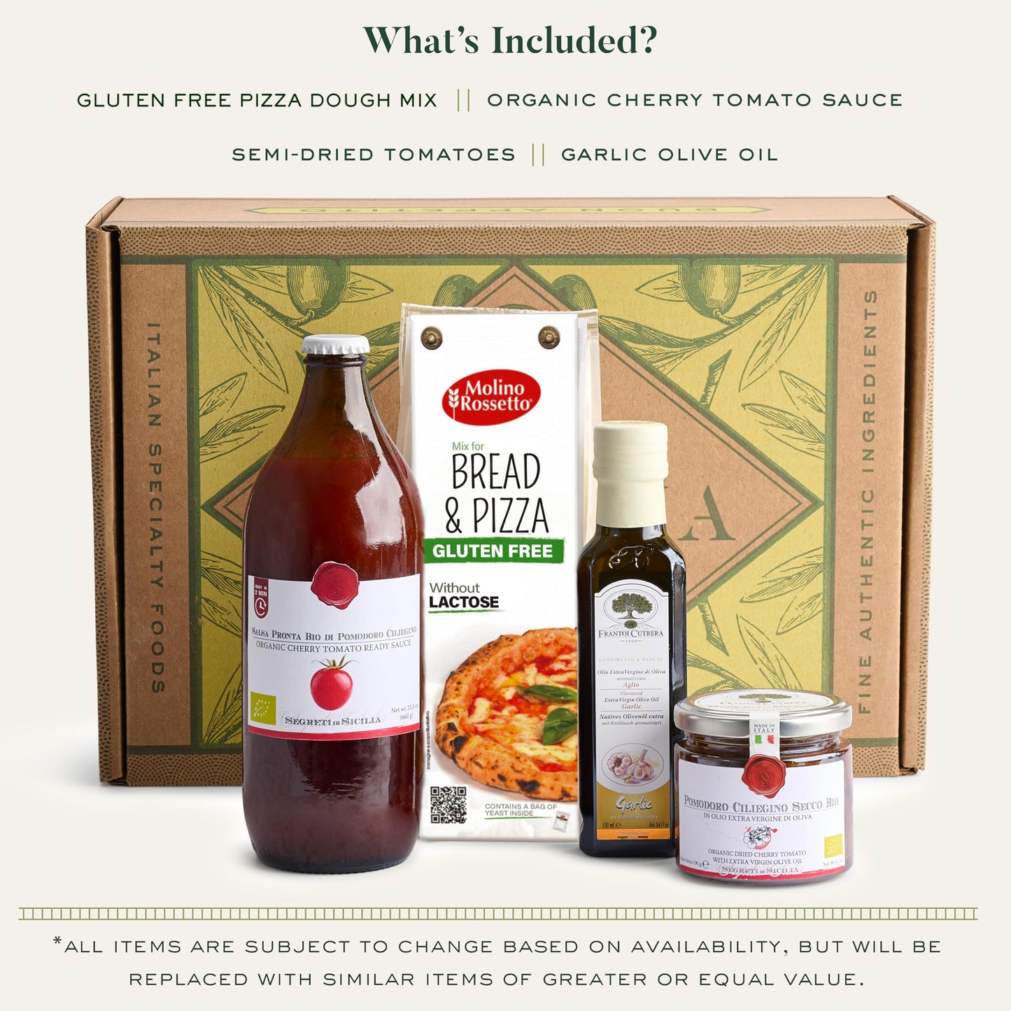 Mercato di Bellina Organic Pizza Kit Gift Basket - Authentic Homemade Gluten Free Pizza Making Kit for Home Cooks, Italian Gift Basket Includes Organic Crust Mix, Sauce, EVOO & Sun-Dried Tomatoes