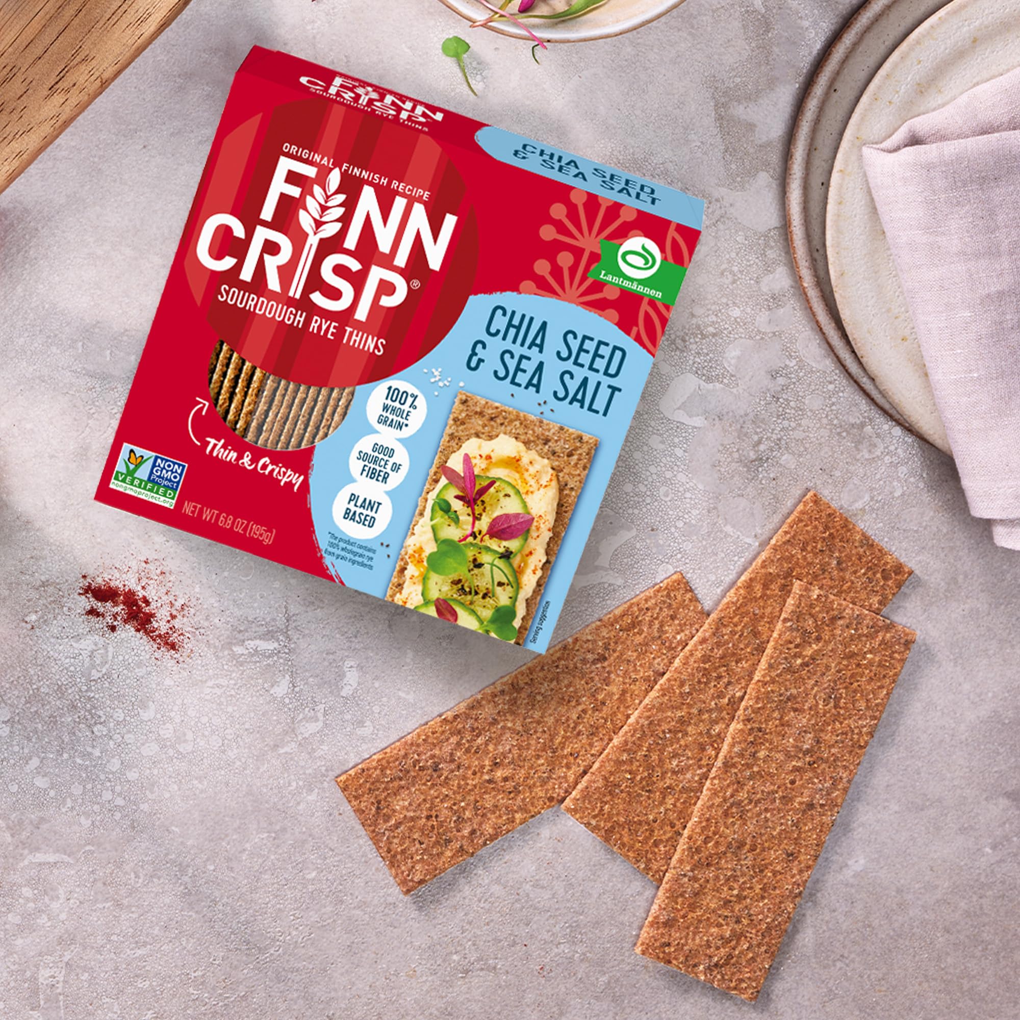 Finn Crisps Chia Seed Rye Crispbread, Thin Crispy Rye Authentic Finnish Sourdough Crispbread Crackers (6.8 oz Box)