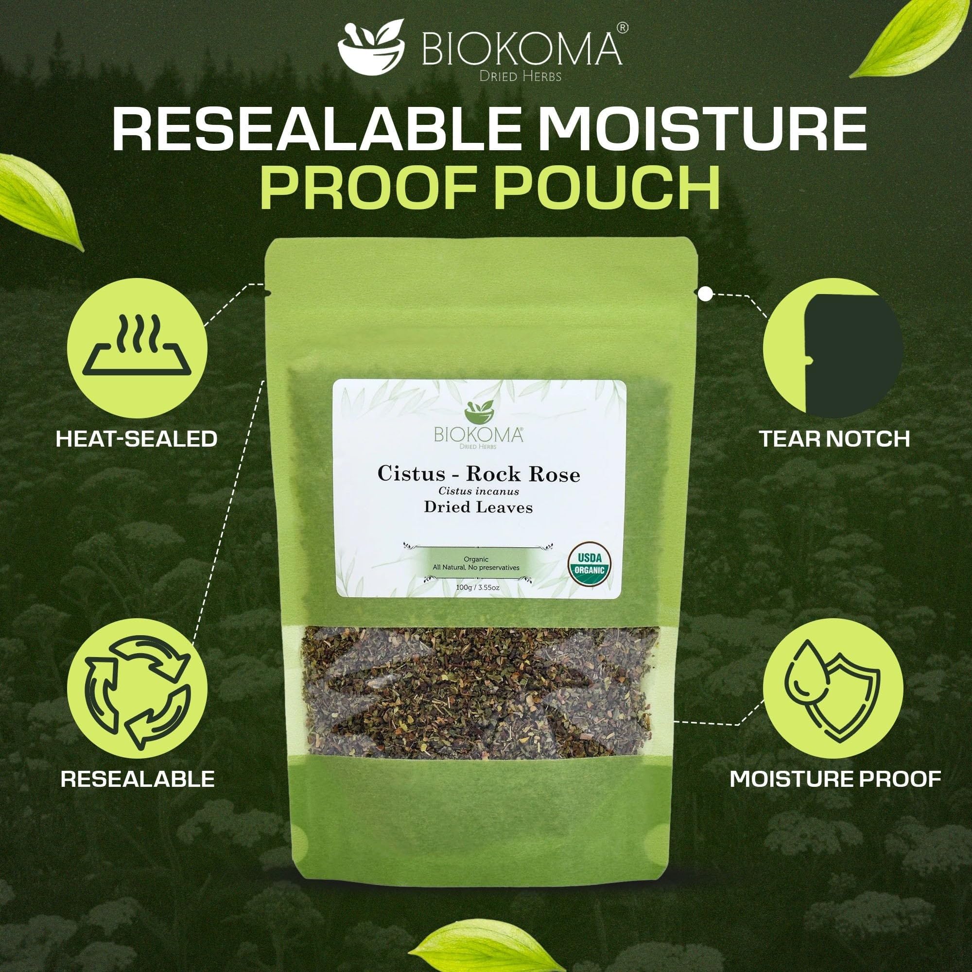 Biokoma Organic Cistus Rock Rose Loose Leaf 3.55oz Cistus Incanus Dried Leaves USDA Organic Herbal Tea Immune Respiratory Support Resealable Pouch