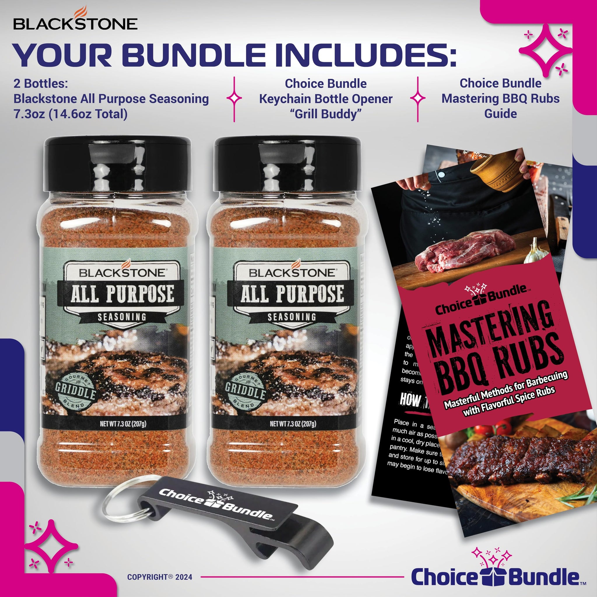 Blackstone All Purpose (AP) Seasoning - Gourmet Griddle Premium Barbecue Rub 2 Pk (14.6 oz) + BBQ Masters & Opener (4 Items)!