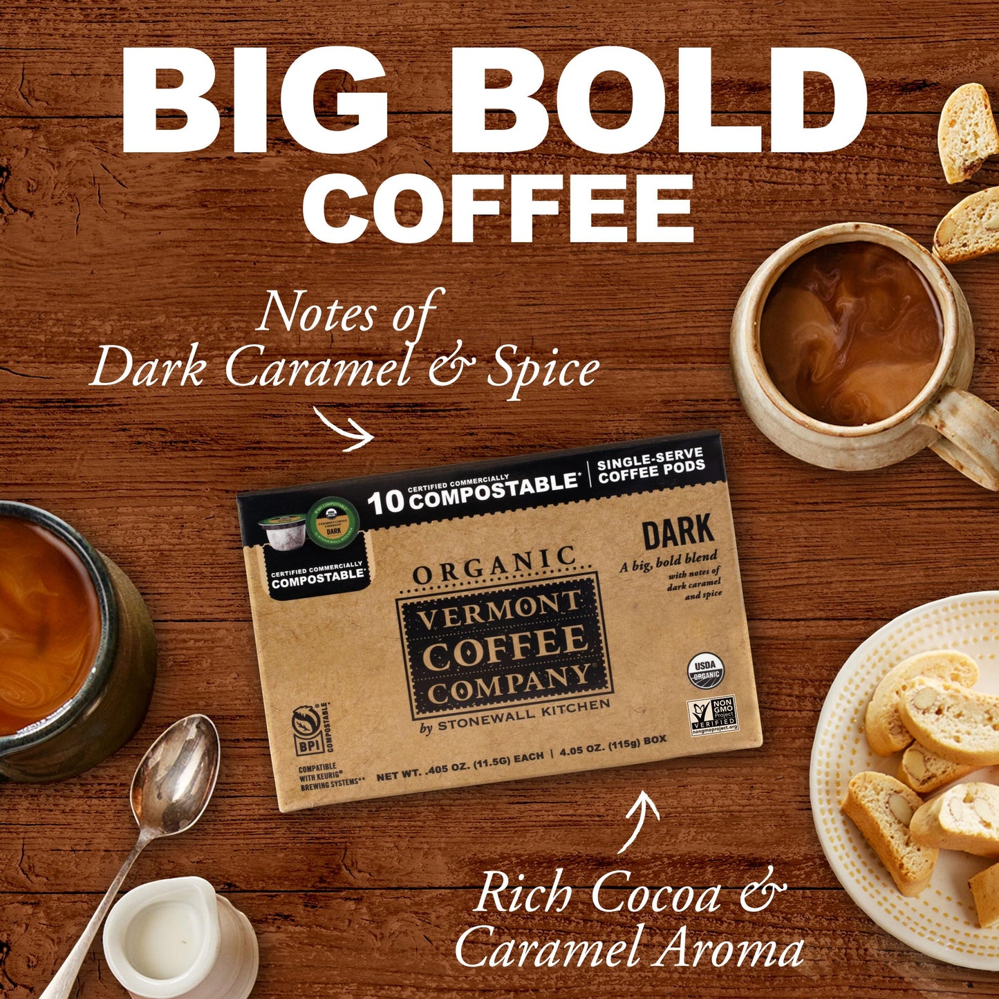 Vermont Coffee Company, Organic Dark Roast Coffee Pods, Single-Serve, Compostable Pods, 10CT, Made in the USA