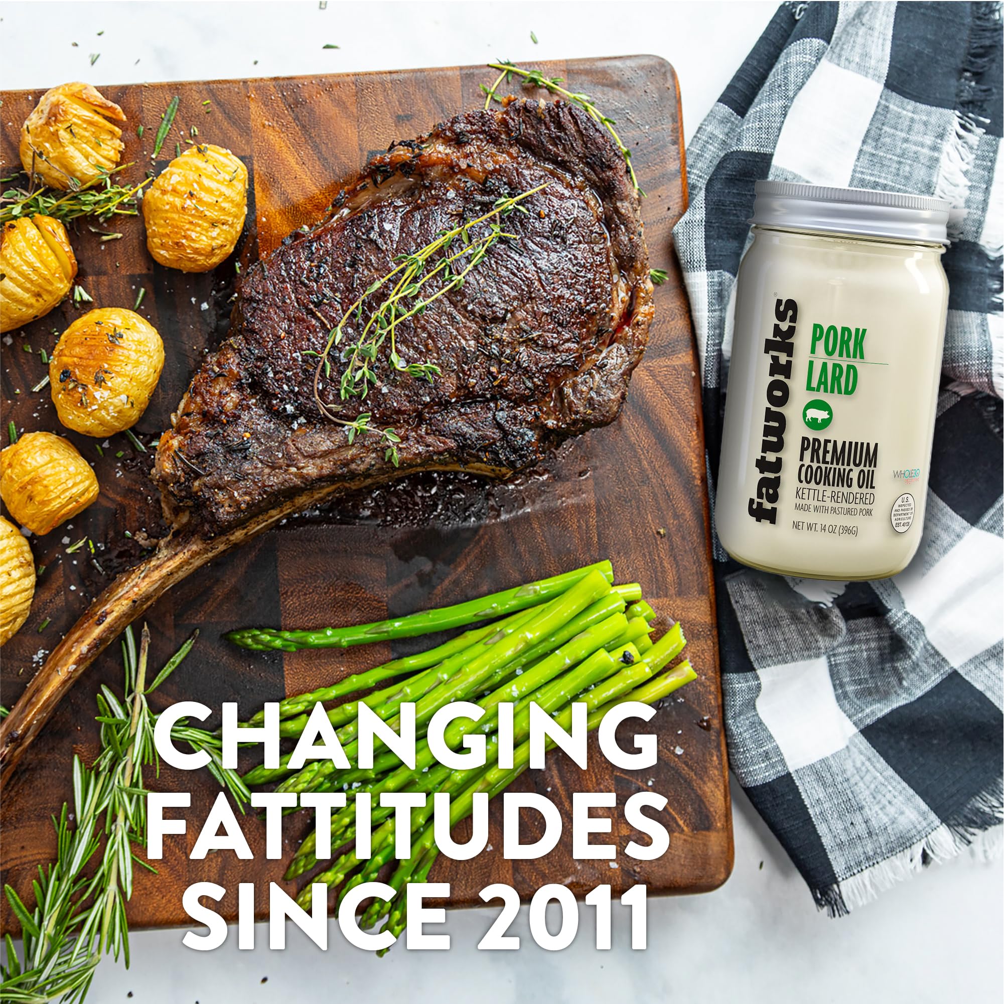 Fatworks Premium Pasture Raised Lard. The Original Non-Hydrogenated Pasture-Raised Lard crafted for Traditional, Keto, and Paleo Chefs. Artisanally