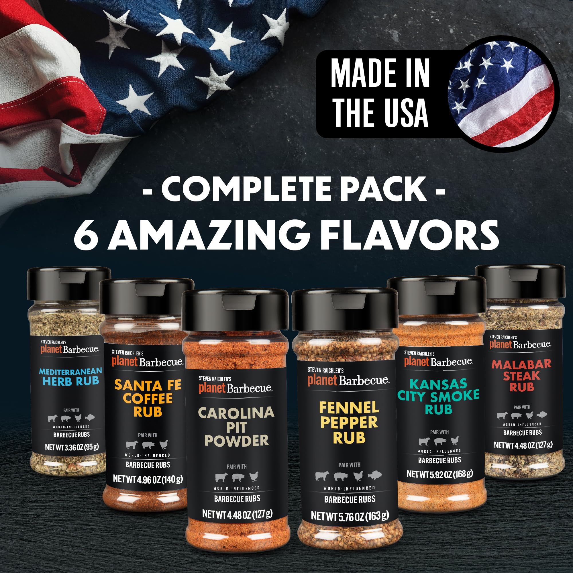 Steven Raichlen's Planet Barbecue Gourmet BBQ Rubs & Spices Gift Box 6 Pack- Grill Seasonings Set with Worldwide Flavors- Great Grilling Gift for Men
