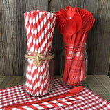 Red Plastic Sundae/Soda Spoons - 8 Inch - Party Supply - Red Paper Straws - 50 Each