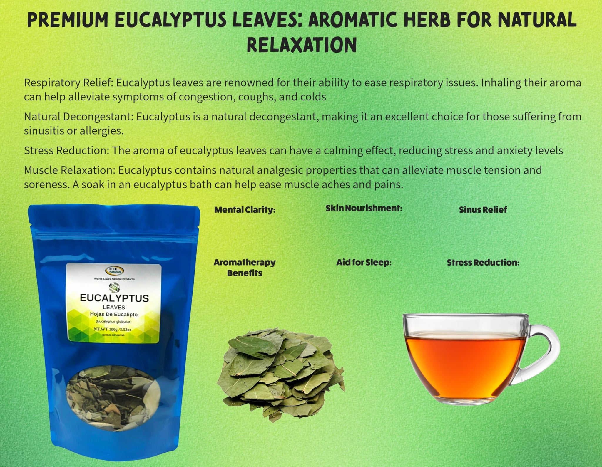 CIK Naturals Eucalyptus Dried Leaves Peruvian Hojas de Eucalipto Secas (100g /3.52oz) - Eucalyptus Strong Aromatic Herb Peru