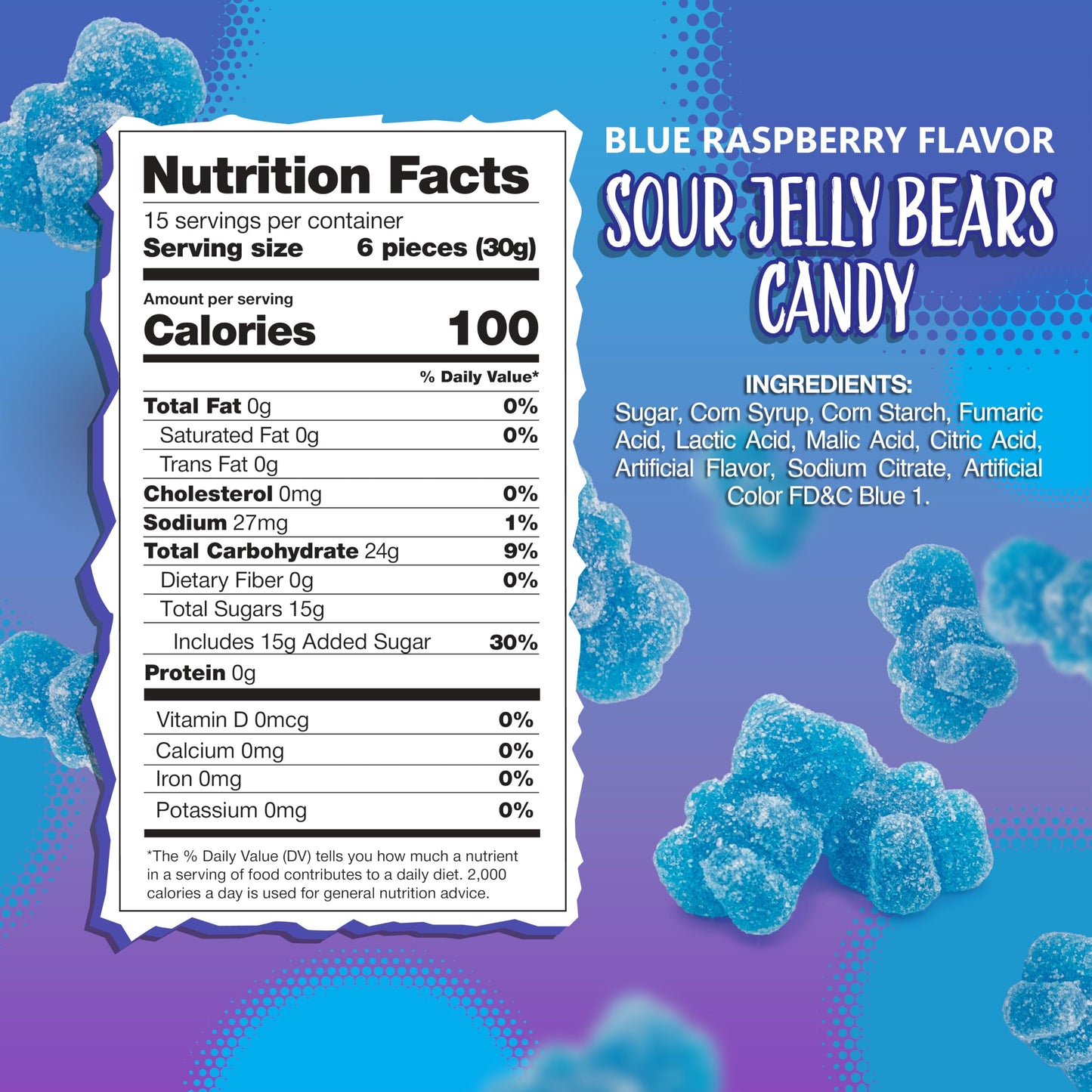 Sour Bears Gummy Candy | 1 Pound Bag | Gelatin Free Chewy Blue Candy | Blue Raspberry Jelly Bears for Baby Showers, Gender Reveal, Party Favors