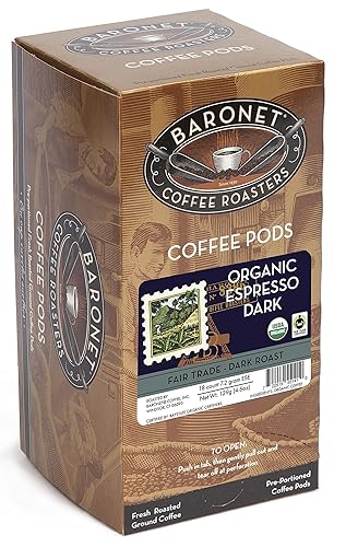 Baronet Coffee Organic ESE Espresso Pods - Espresso Roast , 7.2 Grams - Individually Wrapped for Freshness - Rich, Traditional Flavor - 18 Count (Pack