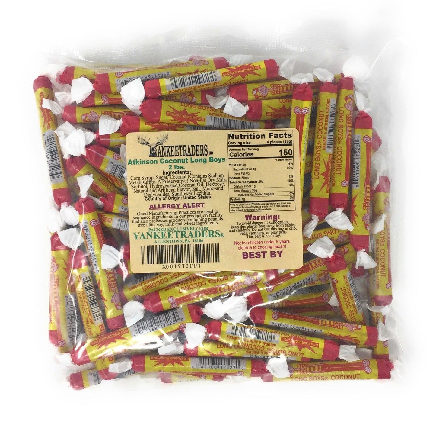 ATKINSON’S - Long Boys Coconut - Creamy Caramels Infused with Real Coconut Flakes - Gluten Free, Kosher - 2 lbs