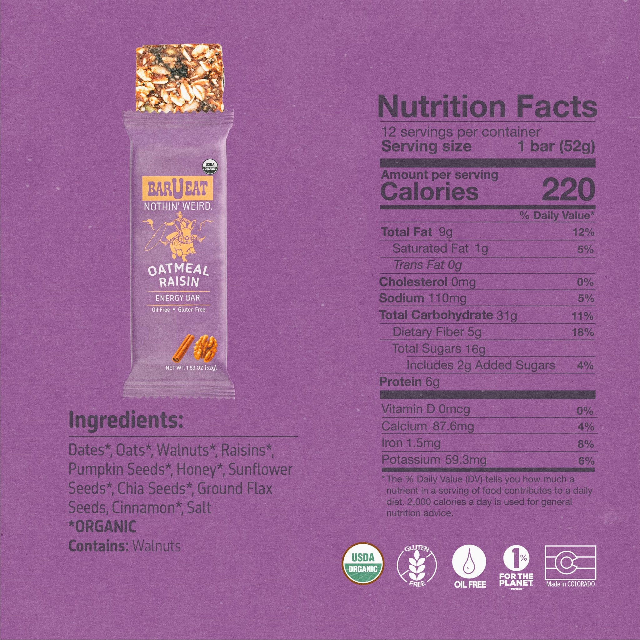 BAR U EAT Gluten-Free, High Fiber, Energy Bar. Real Food Ingredients | Oil Free | Organic | No Artificial Sugar | Healthy Snacks (Oatmeal Raisin 12