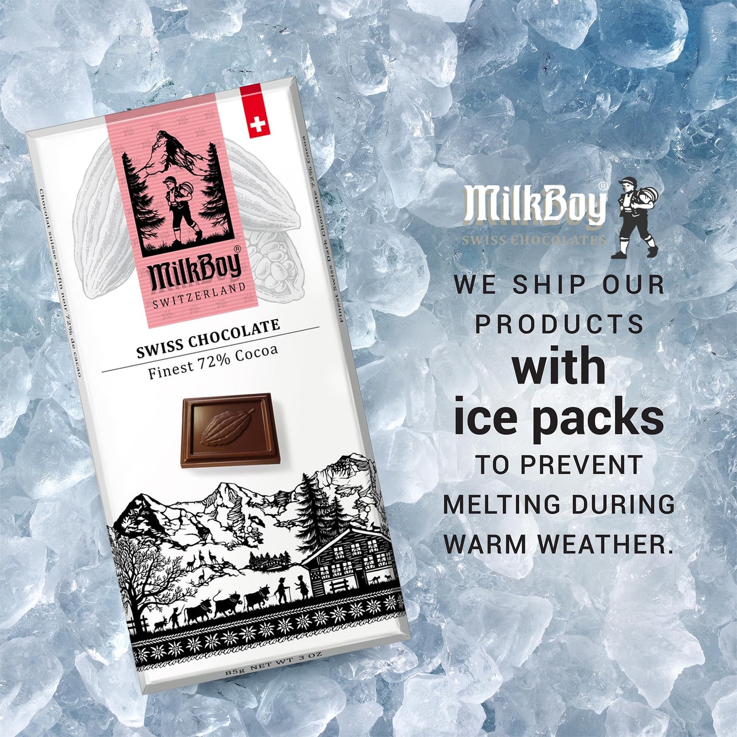 Milkboy Swiss Chocolates Dark Chocolates - 72% Cocoa, Made in Switzerland, Dairy Free, Vegan, Gluten-Free, Non-GMO, Kosher, Sustainably Farmed