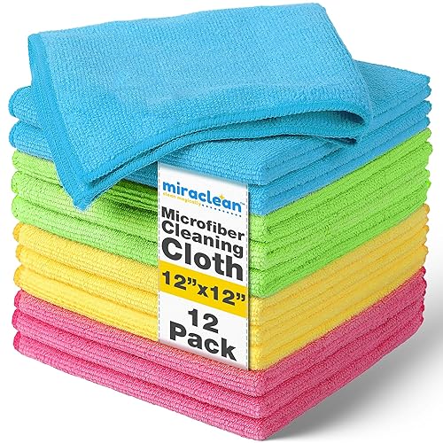 MIRACLEAN Microfiber Cleaning Cloth 12 Pack - 12 x 12 inches - Rags for Cleaning House Streak-Free Wipes for Screens, Dusting & Appliances - Premium
