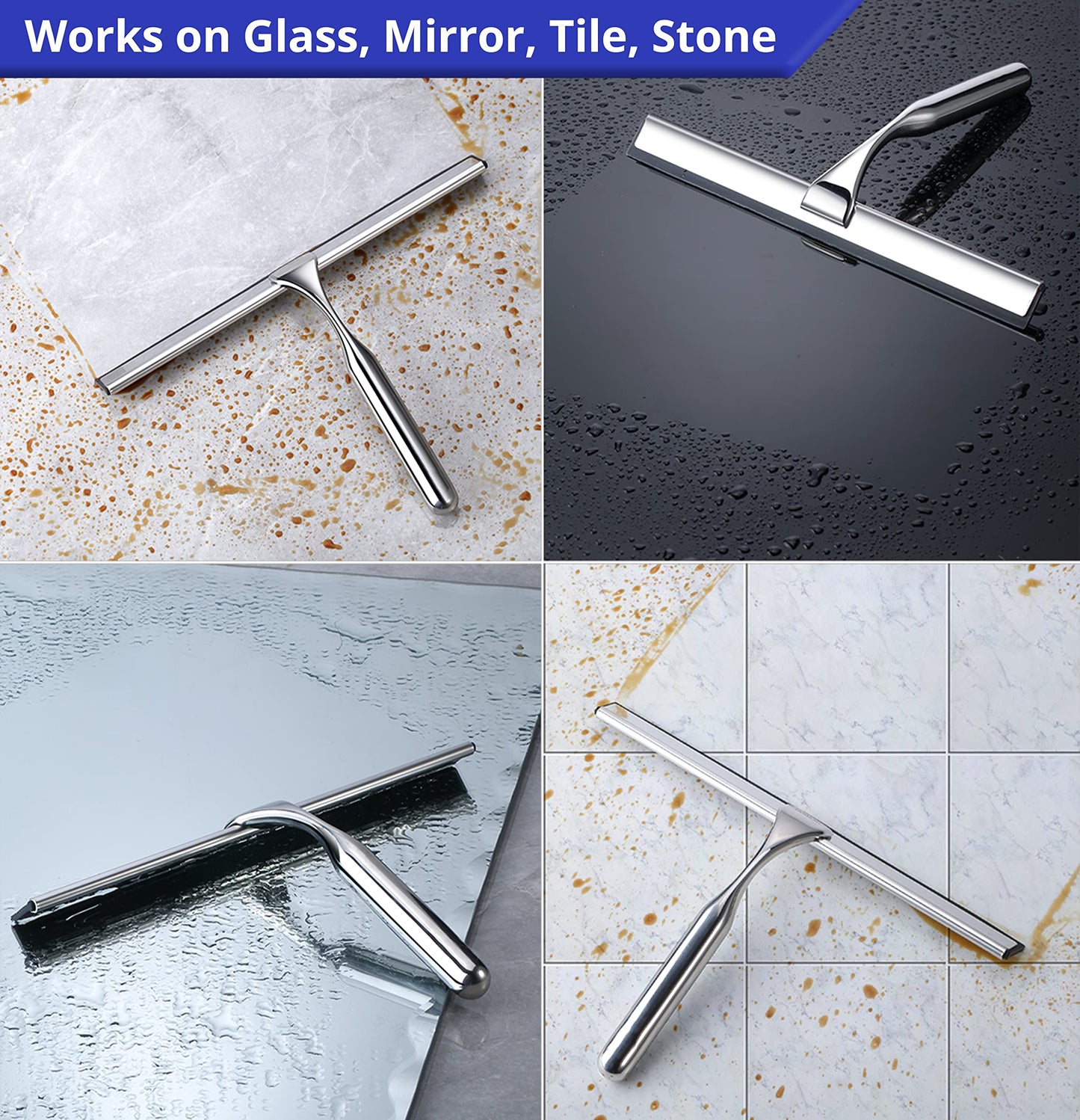 HOME SO Shower Squeegee for Glass Doors - Stainless Steel Squeegee with Adhesive Hooks - Window, Floor & Car Squeegee, Multi-Purpose Bathroom, Mirror