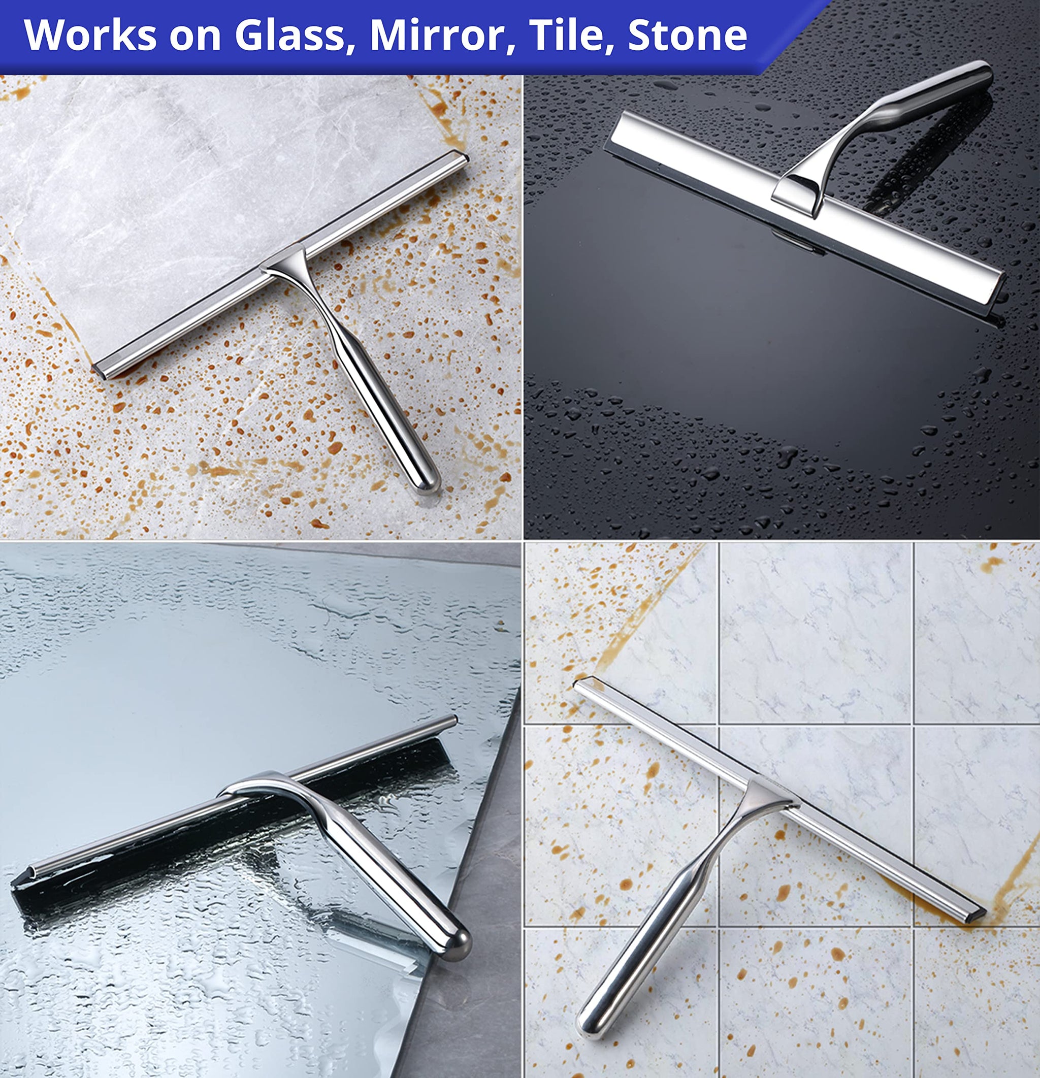 HOME SO Shower Squeegee for Glass Doors - Stainless Steel Squeegee with Adhesive Hooks - Window, Floor & Car Squeegee, Multi-Purpose Bathroom, Mirror