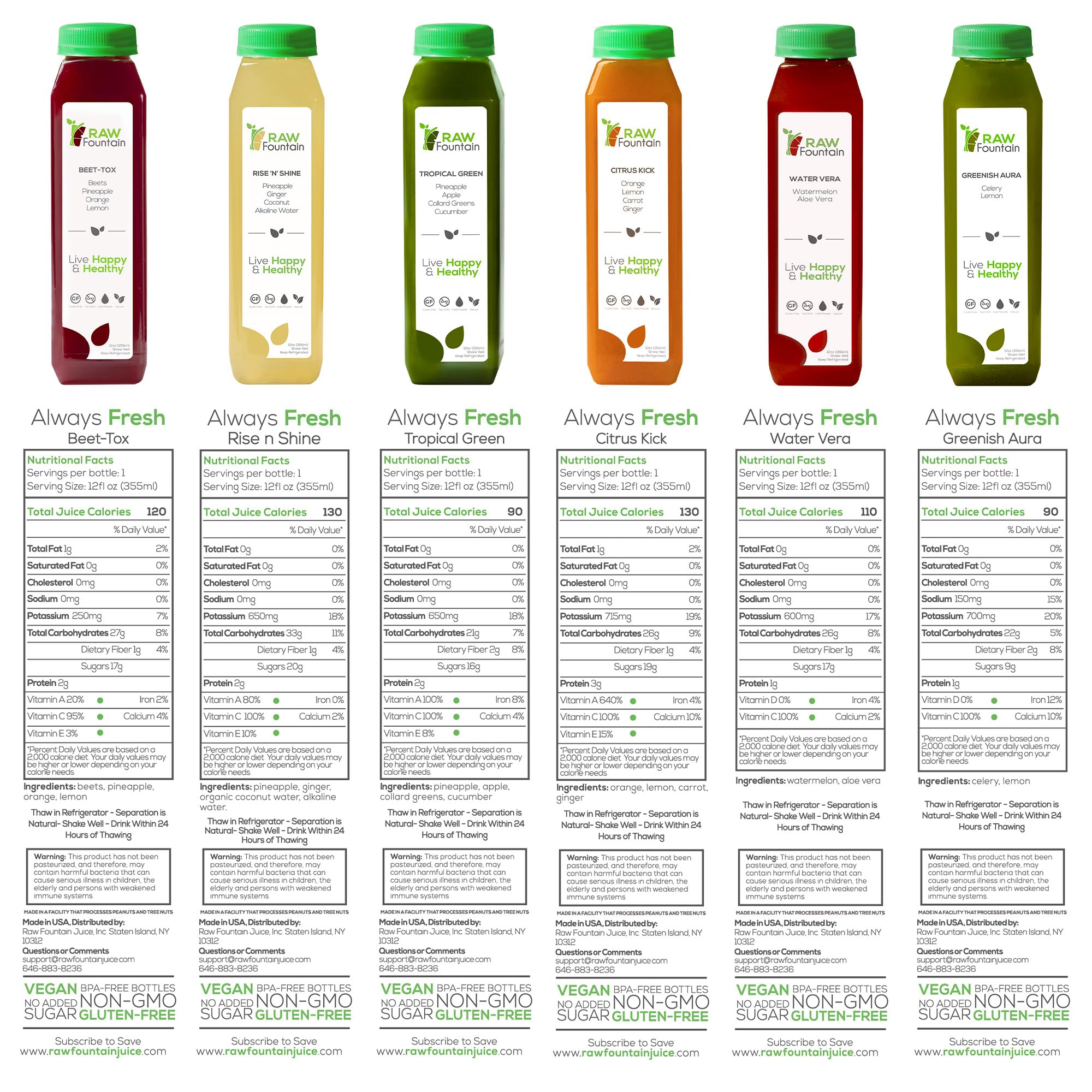 1 Day Juice Cleanse by Raw Fountain, Tropical Flavors, All Natural Raw, Cold Pressed Fruit and Vegetable Juices, Detox Cleanse, Kosher, Vegan, NO