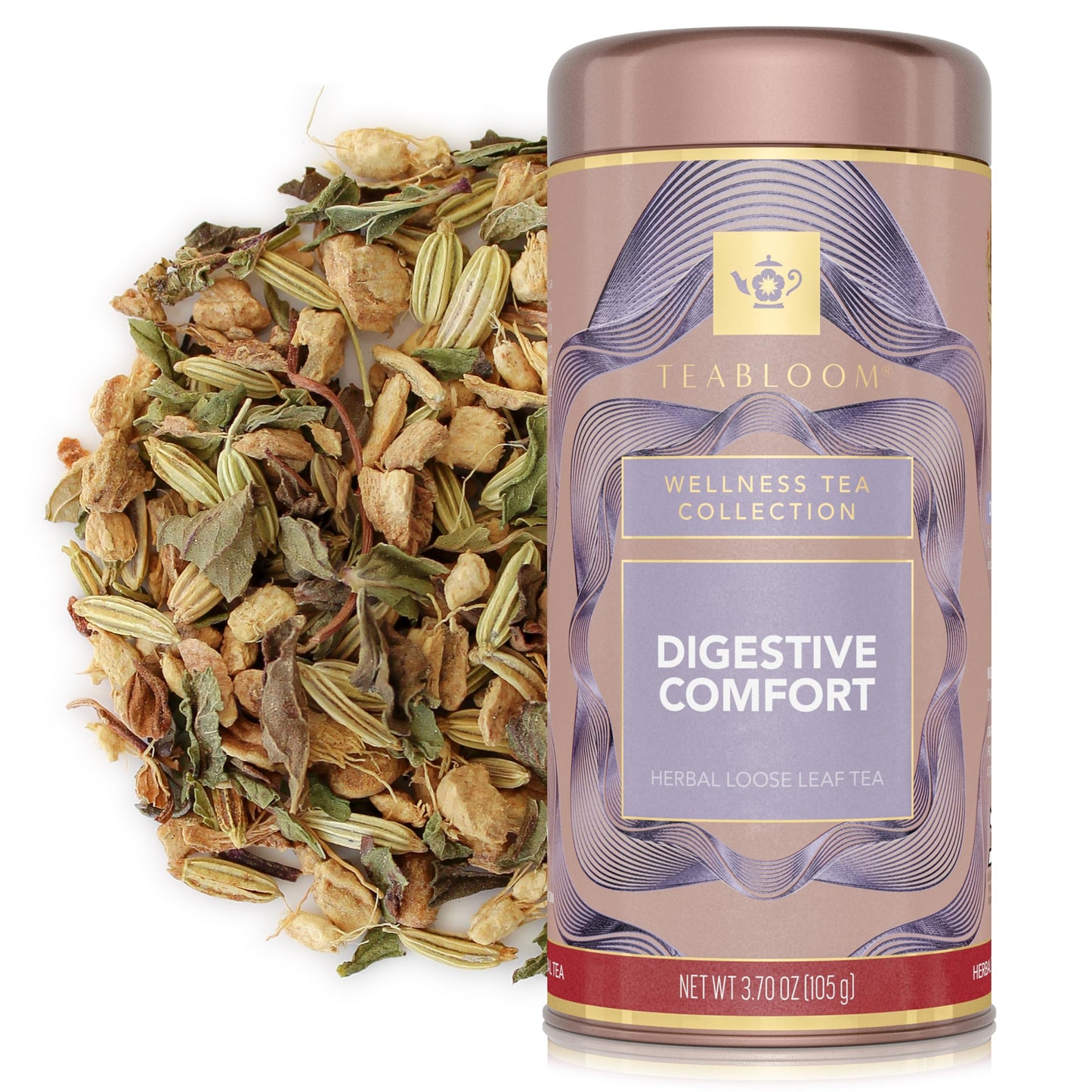 Teabloom Digestive Comfort Loose Leaf Herbal Tea with Chamomile, Fennel & Ginger | Caffeine-Free Soothing Botanical Blend | Canister Makes 35-50 Cups