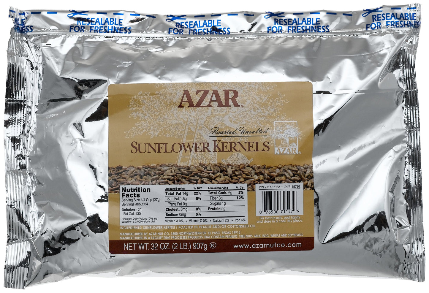 Azar Nut Company Sunflower Kernals, Oil Roasted, 32-Ounce Resealable Bags (Pack of 3)