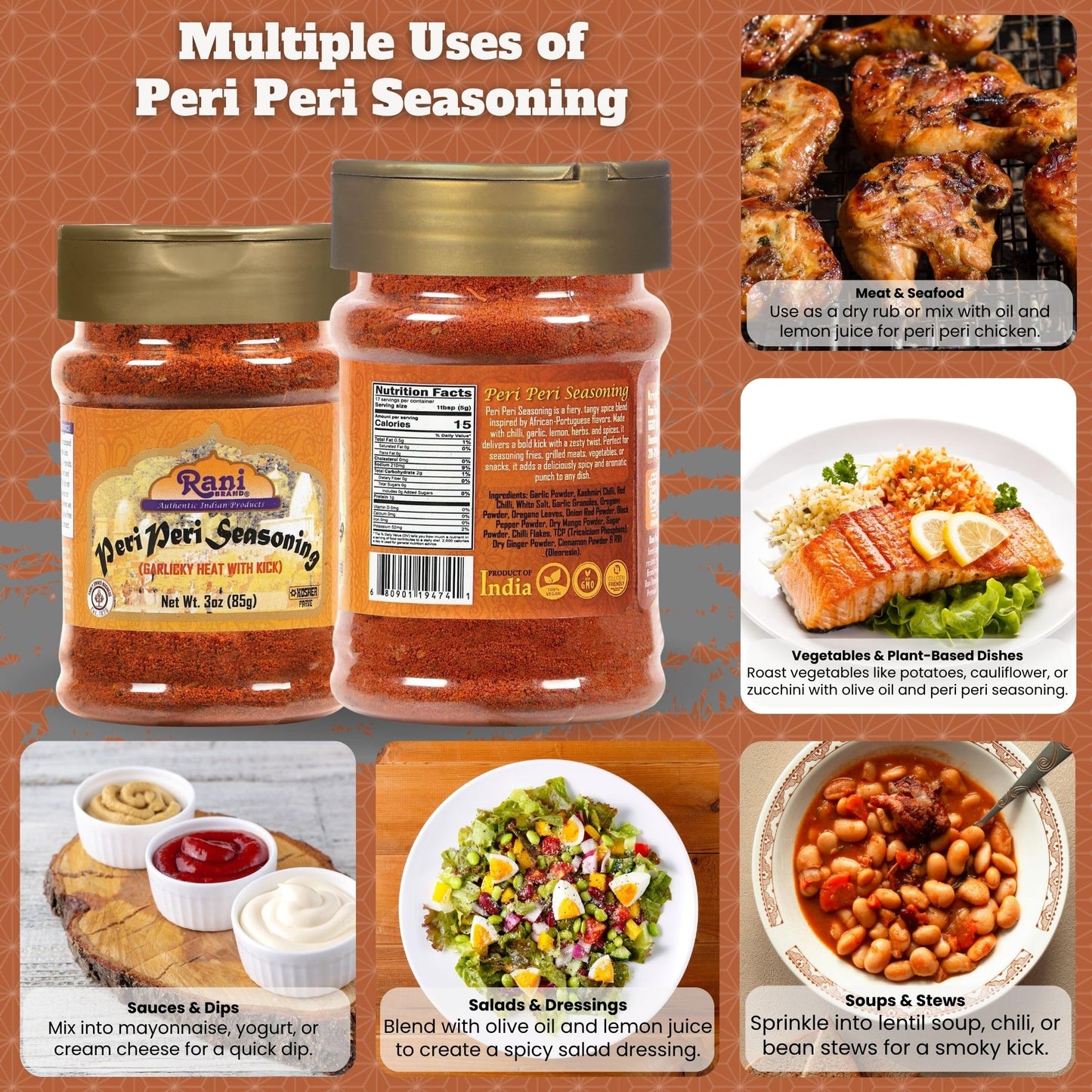 Rani Peri Peri Seasoning (Garlicky Heat with Kick) 3oz (85g) PET Jar ~ Shaker Top | All Natural | Vegan | Gluten Friendly | NON-GMO | Indian Origin
