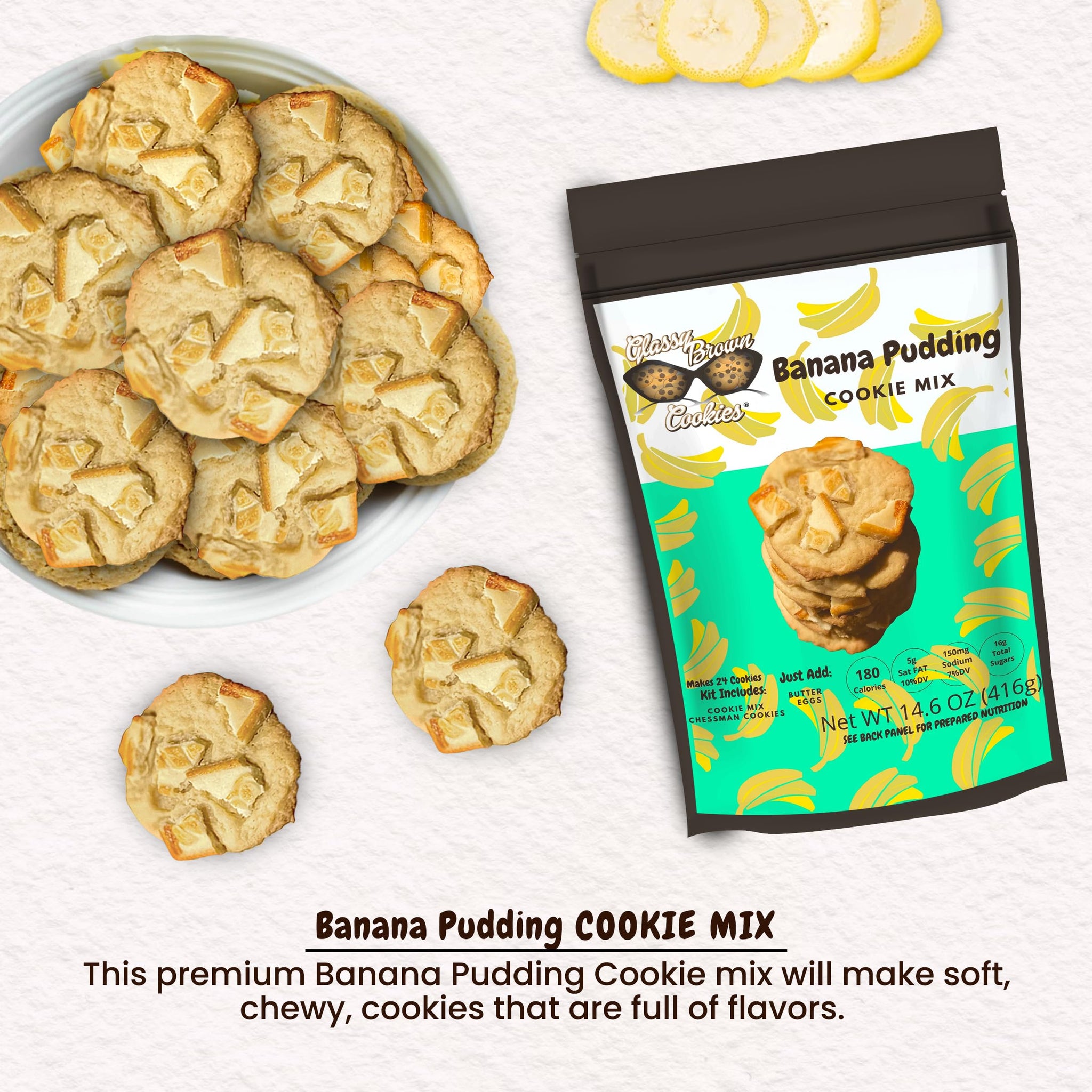 Glassy Brown Cookies - Banana Pudding Cookie Mix | Soft Cookies Variety Pack | Banana Flavor Edible Cookie Dough Bites | Butter Cookies With No Preservatives | Banana Baking Mix Pack - 14.6 OZ (416g)