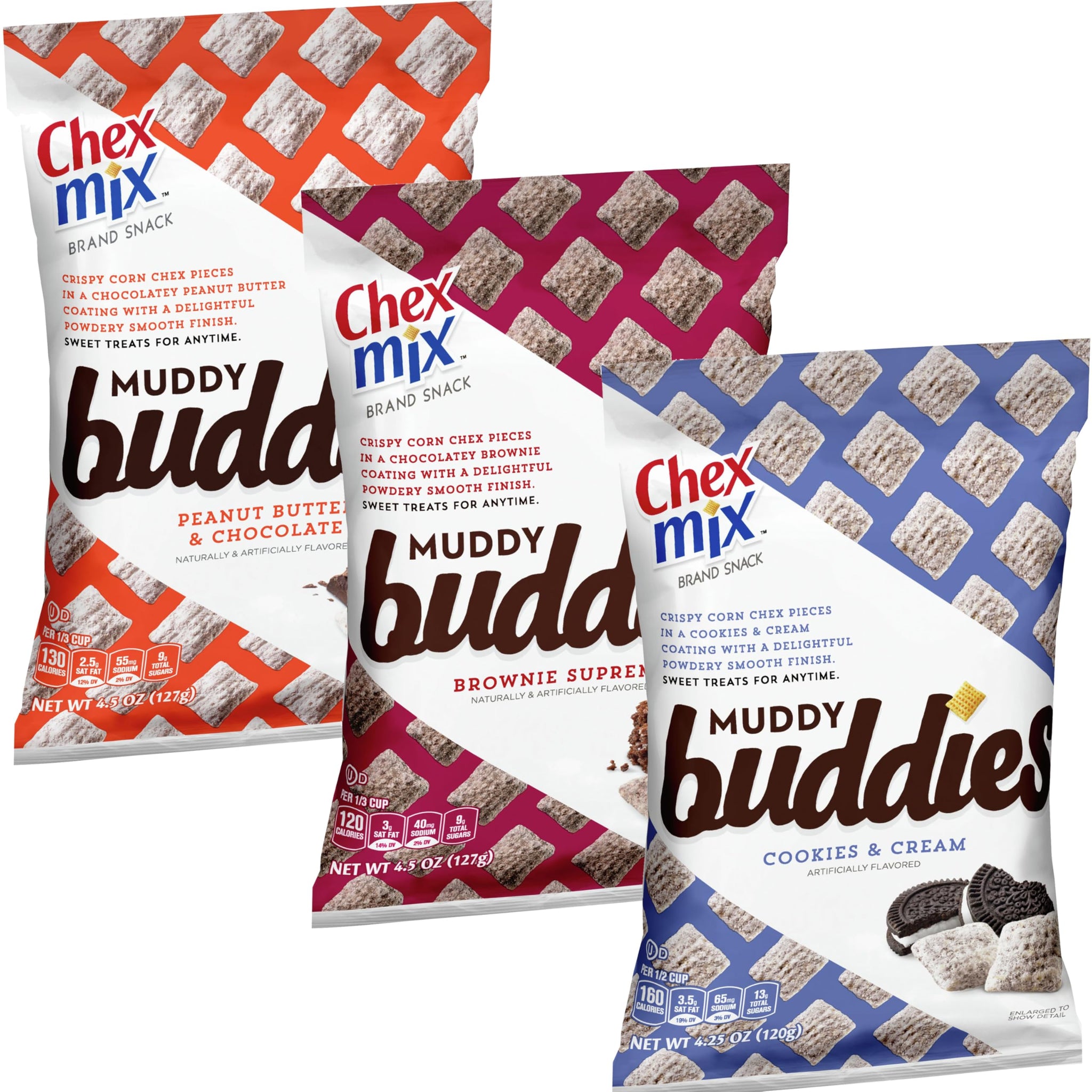 Variety Snack Pack Muddy Buddies, 3 Pack, Brownie Supreme, Cookies & Cream, Peanut Butter & Chocolate