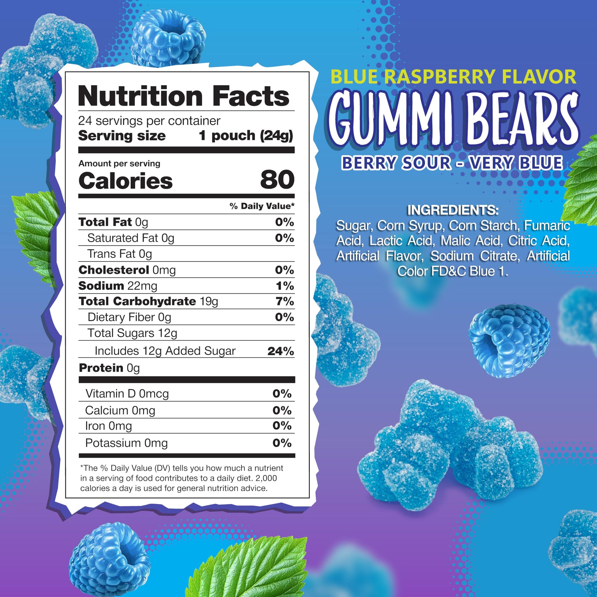 Sour Bears Gummy Candy | 24 Packs | Blue Candy | Raspberry Jelly Bears for Lunchbox Snacks, Goodie Bags & Baby Boy Shower Favors | Gelatin Free Sour