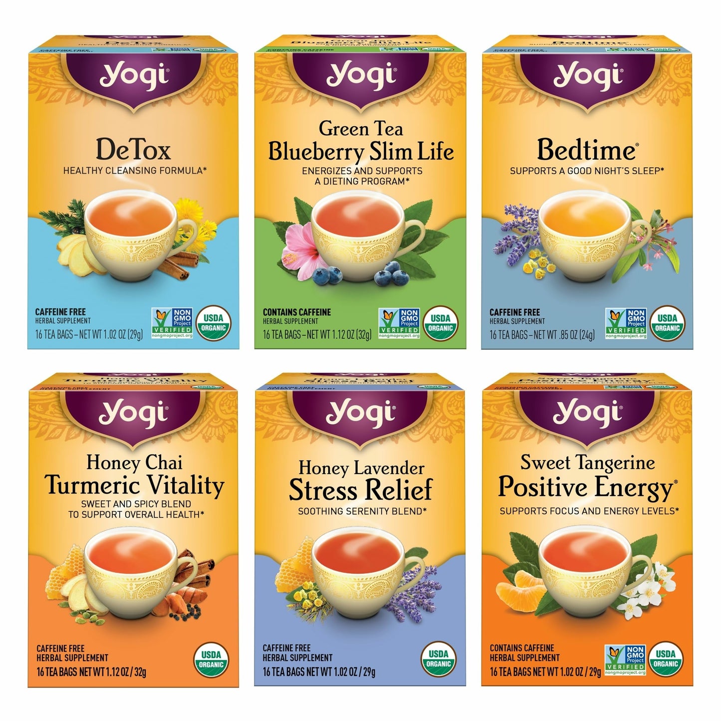 Yogi Tea Favorites Variety Pack - 16 Bags per Pack (6 Packs) - Organic Gift Box - Includes Sweet Tangerine Positive Energy, Honey Lavender Stress
