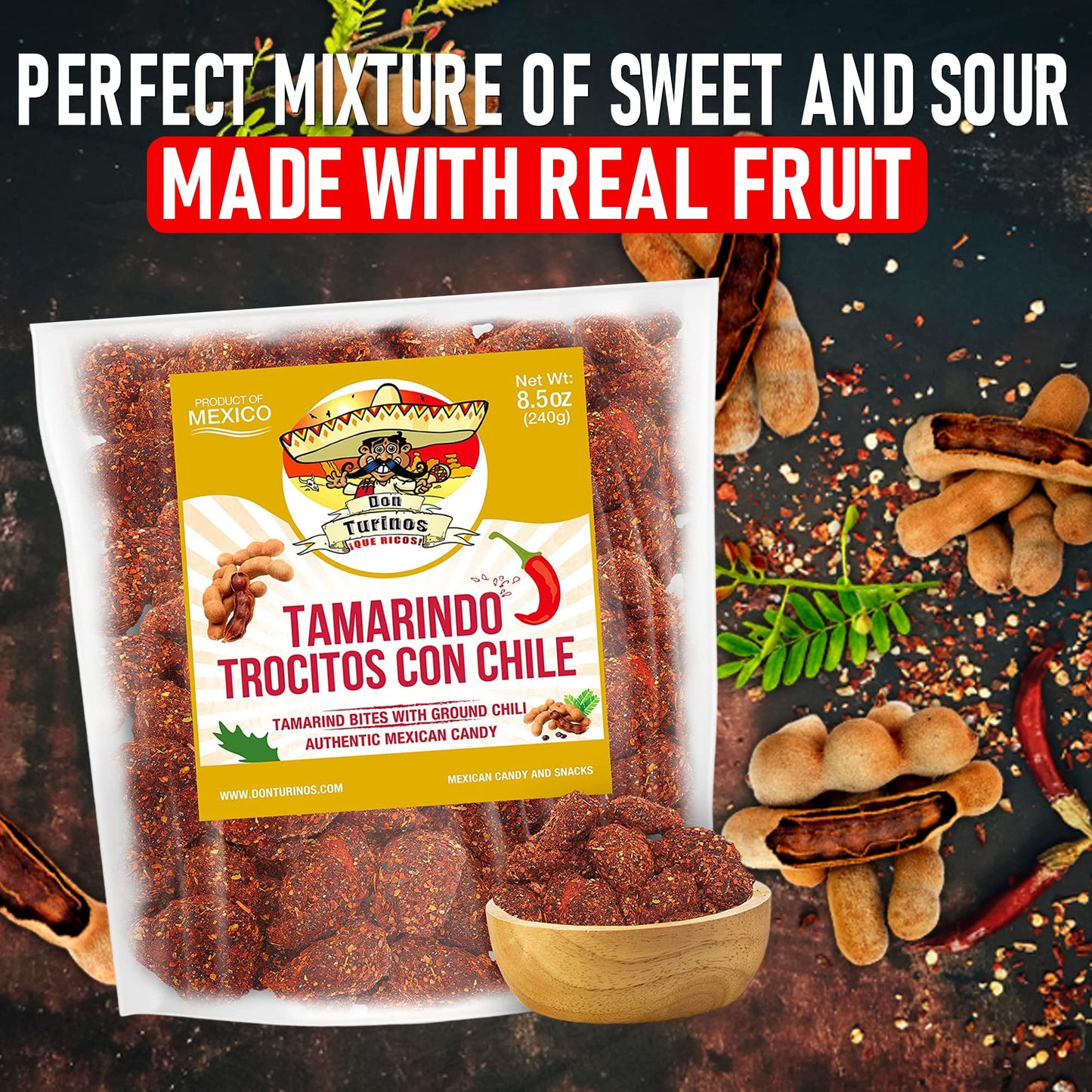 Tamarindo De Frutas Con Chile, Authentic Mexican Tamarind Candy with Chili, Sweet, Tangy and Spicy. Dulce De Tamarindo 8.5 oz. Contains Seed. Bag by