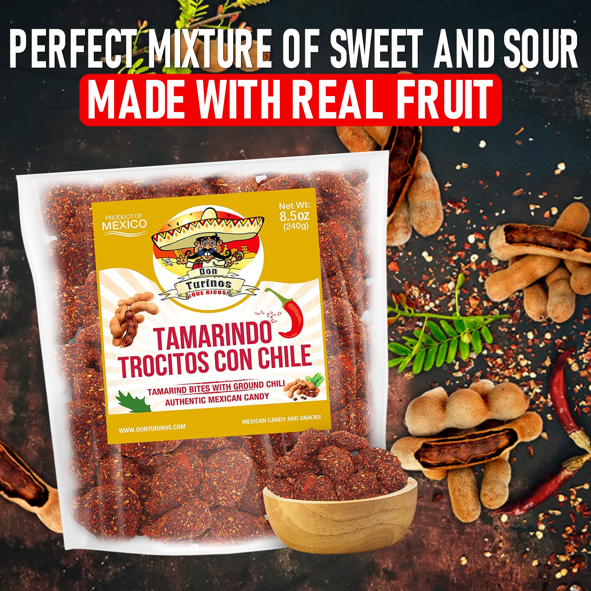Tamarindo De Frutas Con Chile, Authentic Mexican Tamarind Candy with Chili, Sweet, Tangy and Spicy. Dulce De Tamarindo 8.5 oz. Contains Seed. Bag by