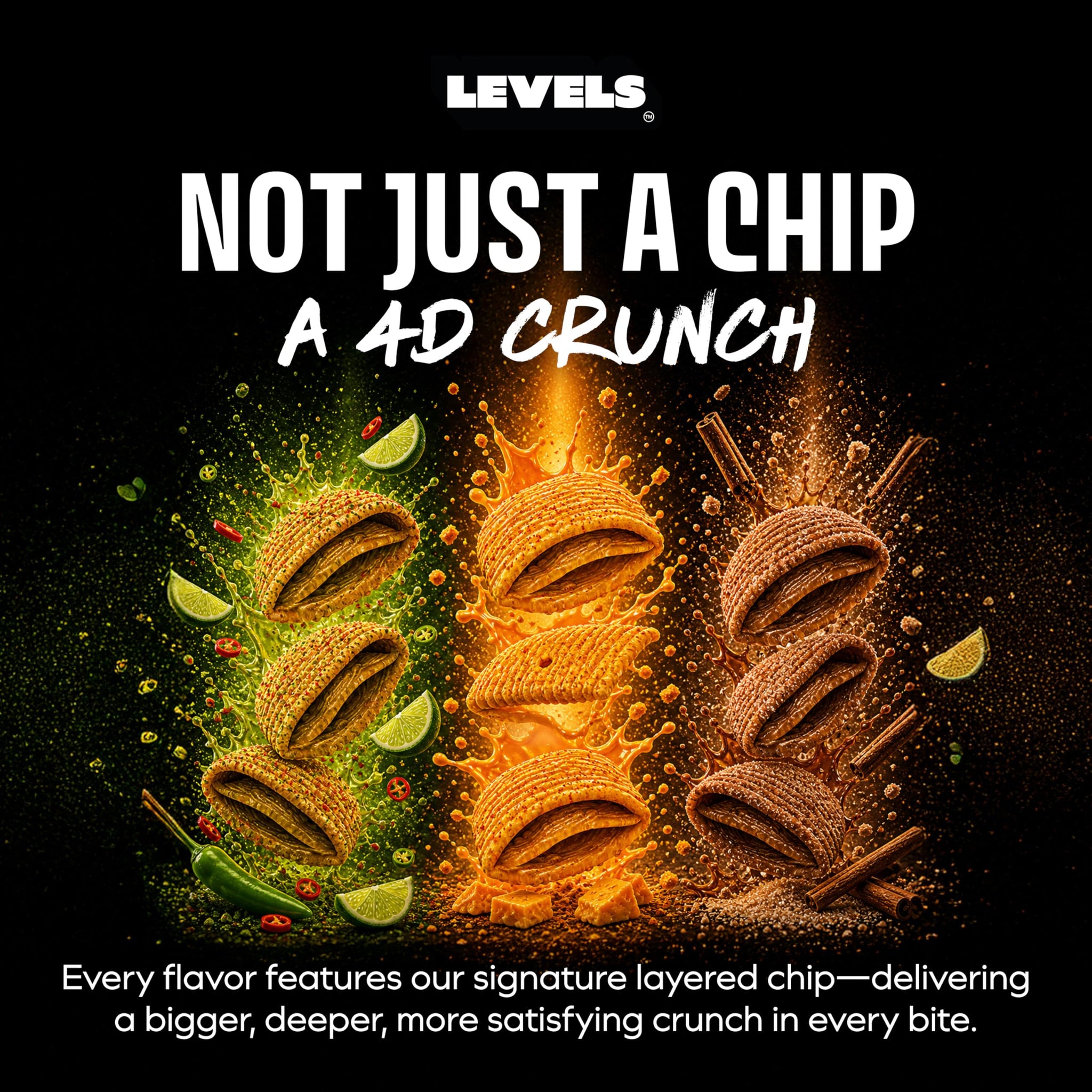 LEVELS 4D Sweet Cinnamon Churro Chips, Nacho Cheese & Chili Lime (12-Pack) by Brent Rivera - Gluten-Free, Non-GMO, Crispy Avocado Oil Chips - Corn