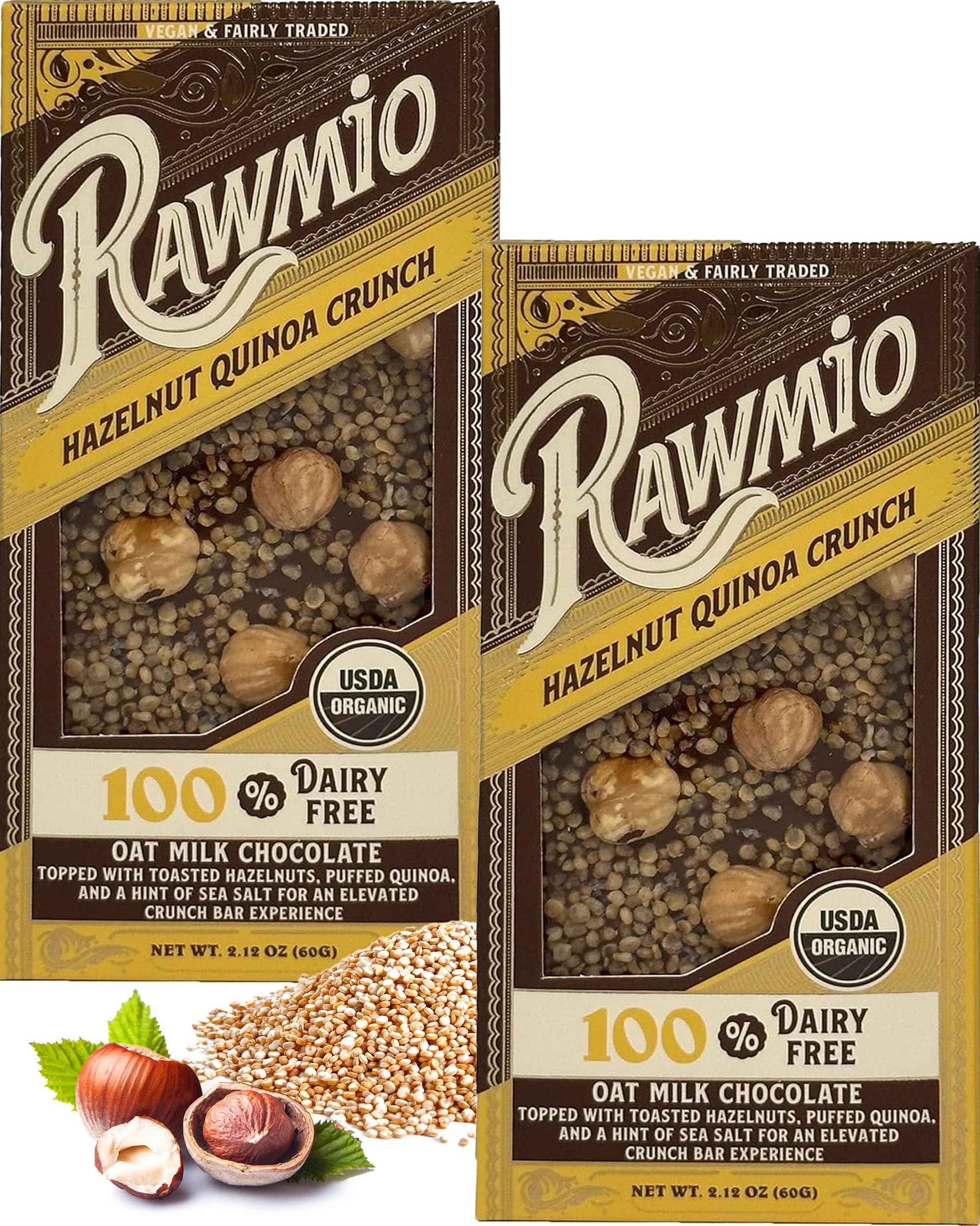 Rawmio Hazelnut Quinoa Crunch Bark - Crunchy Chocolate Bars with Dietary Fiber - Vegan Chocolate with Hazelnuts, Organic Quinoa, & Sea Salt - Decadent
