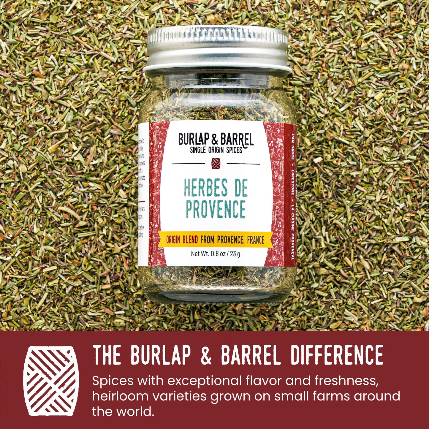 Burlap & Barrel Herbes de Provence - Iconic Herb Blend Grown & Blended in France - Herbes de Provence Seasoning - As Seen on Shark Tank - 0.8oz Glass