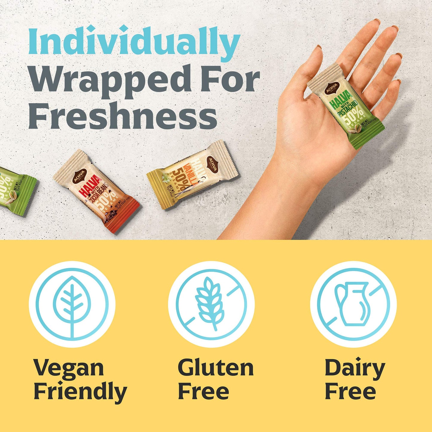 Halva Tahini Bar Mini Snacks - Assortment of 18 Snack-Sized Halvah Pistachio, Vanilla, and Cocoa Bean Israeli Snacks - Vegan, Kosher Snacks with No