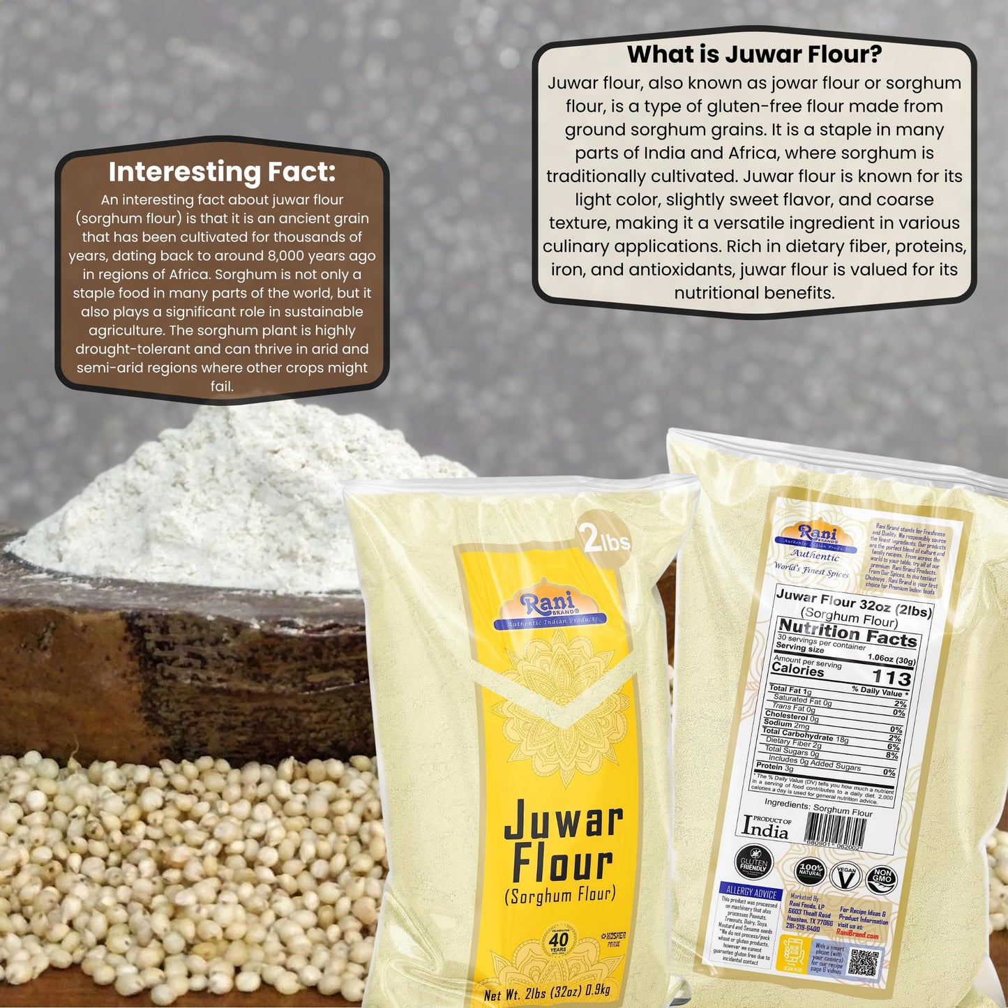 Rani Juwar (Sorghum) Flour 32oz (2lbs) 908g ~ All Natural | Vegan | Gluten Friendly | NON-GMO | Kosher | Indian Origin