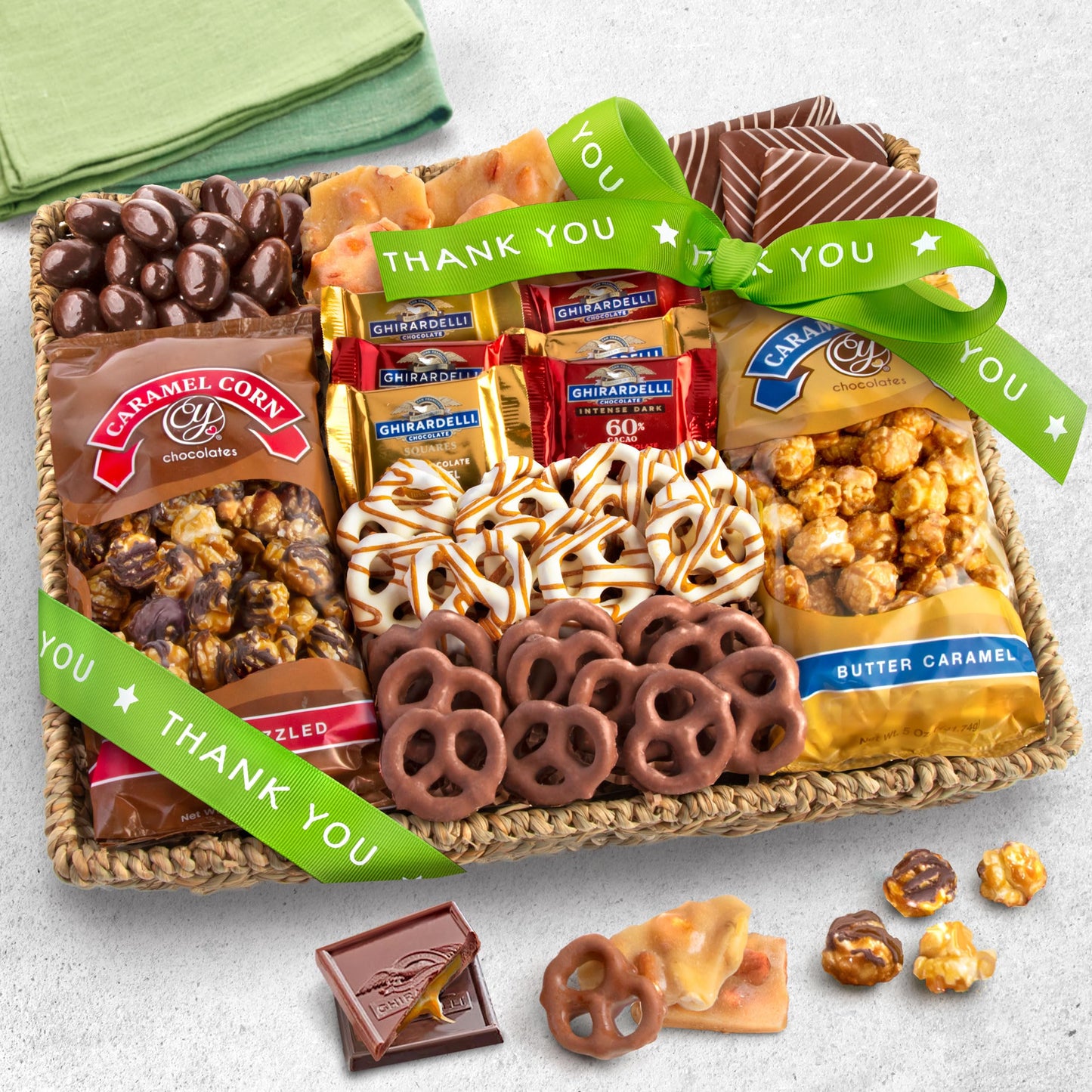 A Gift Inside Thank You Chocolate Caramel and Crunch Grand Gift Basket with Snacks, Pretzels, Ghirardelli and Chocolate-covered Nuts