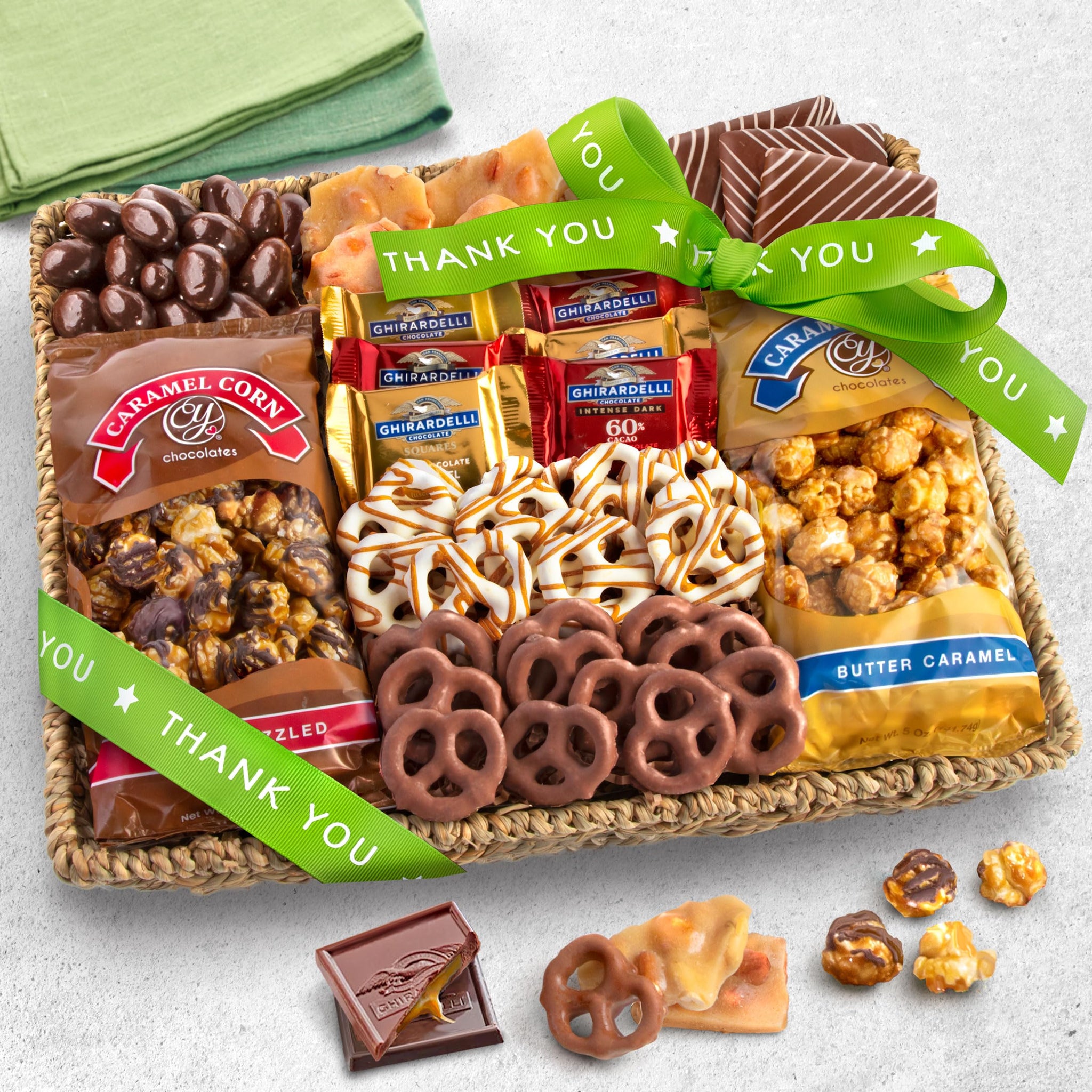 A Gift Inside Thank You Chocolate Caramel and Crunch Grand Gift Basket with Snacks, Pretzels, Ghirardelli and Chocolate-covered Nuts