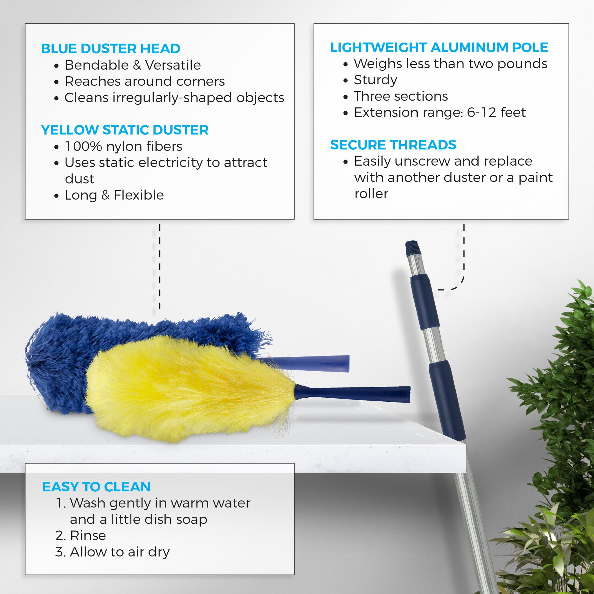 Feather Microfiber Plus Nylon Static Cobweb Duster | Reach Up To 20 Feet | Extendable 3 Tier Ceiling Fan Webster Duster Kit | Aluminum Extension Pole