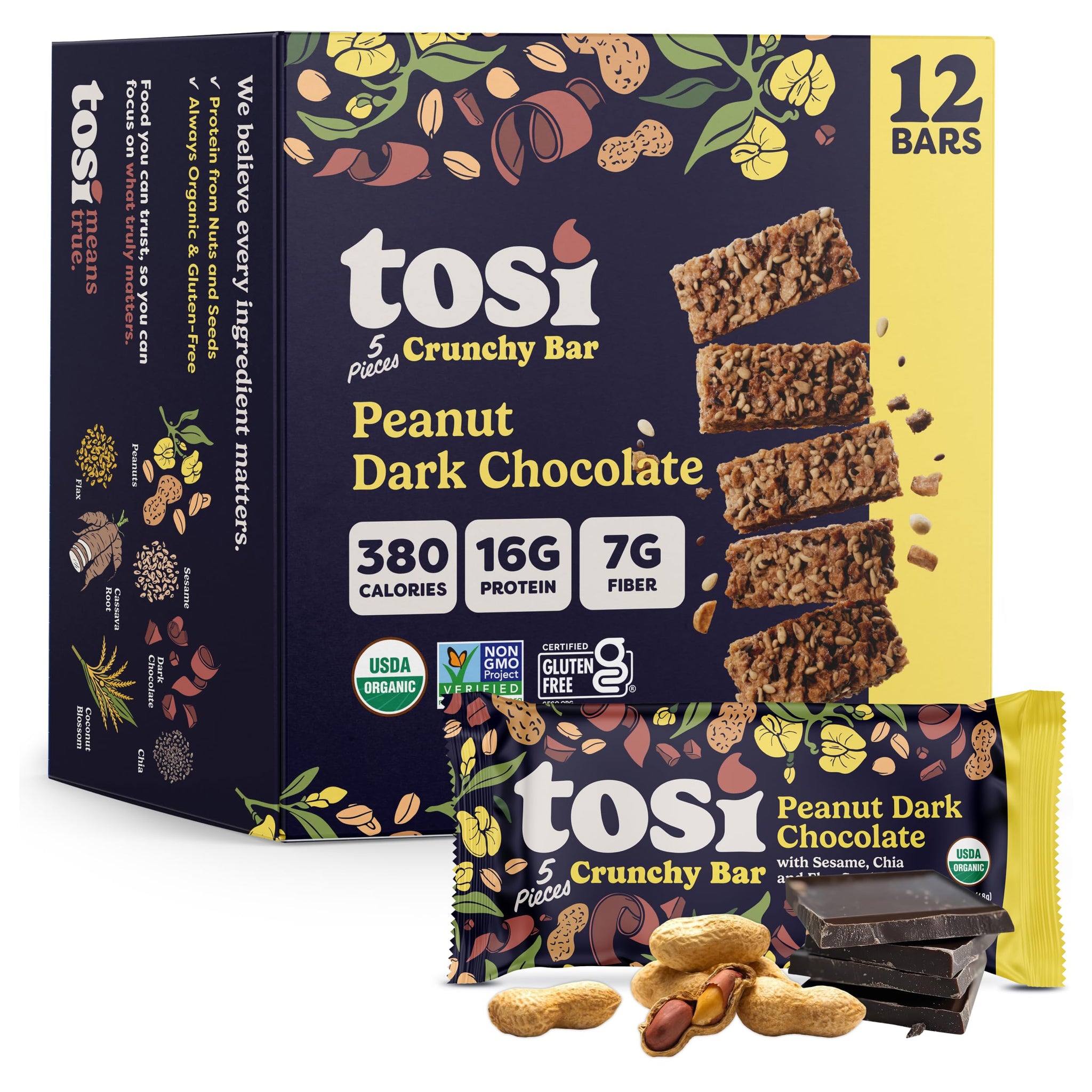 Tosi Meal Nut Bars, Peanut Dark Chocolate, Healthy Snacks for Adults & Kids, Crunchy Plant Based Protein Bar (16G), Keto Snacks, Vegan, Gluten & Soy