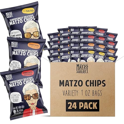 Matzo Chips, Variety Pack of 24 Snack Bags, 1 Oz., 6 of Each Flavor (Everything, Salted, Cinnamon Sugared) from The Matzo Project, Kosher (But Not