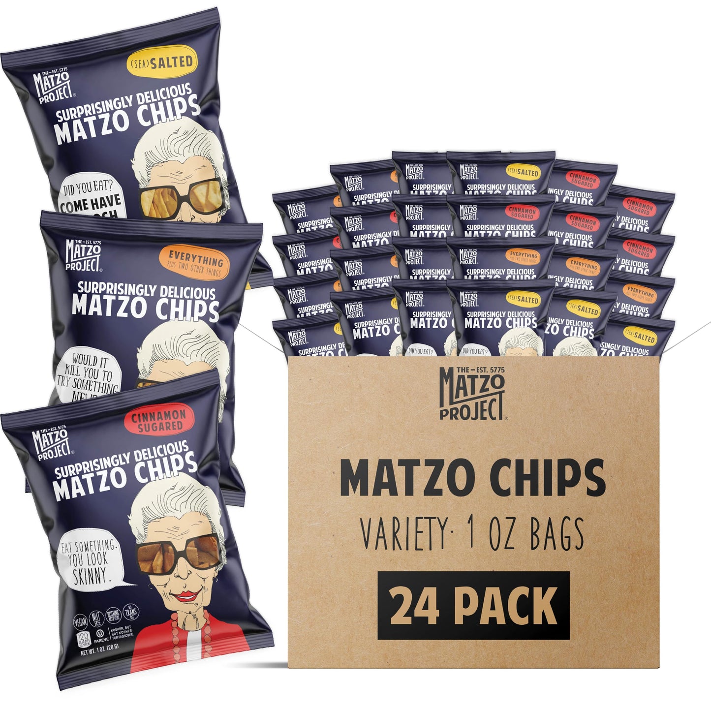 Matzo Chips, Variety Pack of 24 Snack Bags, 1 Oz., 6 of Each Flavor (Everything, Salted, Cinnamon Sugared) from The Matzo Project, Kosher (But Not